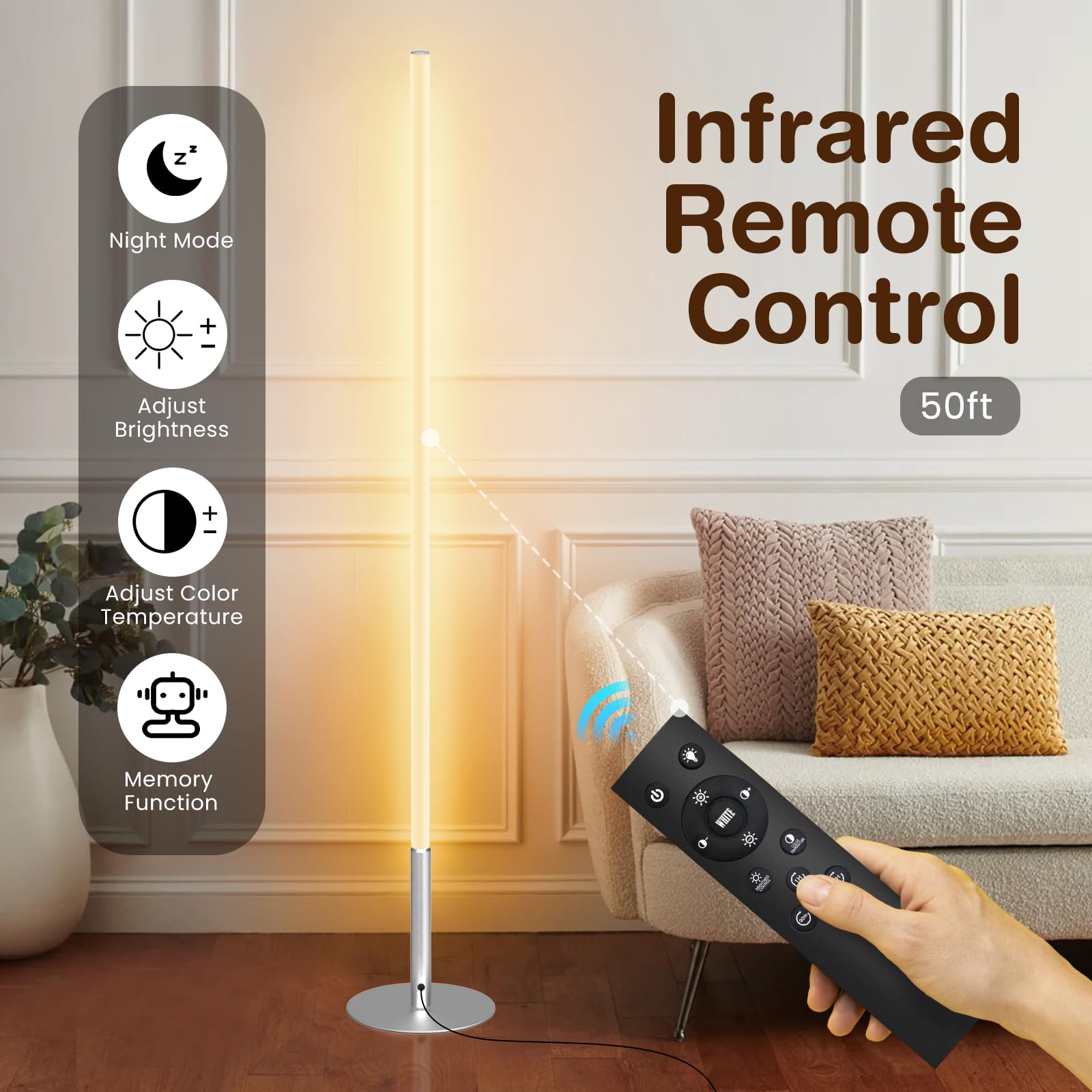 Led Corner Floor Lamp For Living Room, Minimalist Light With Remote Control, Stepless Adjustable 2700K-6500K Colors & Brightness