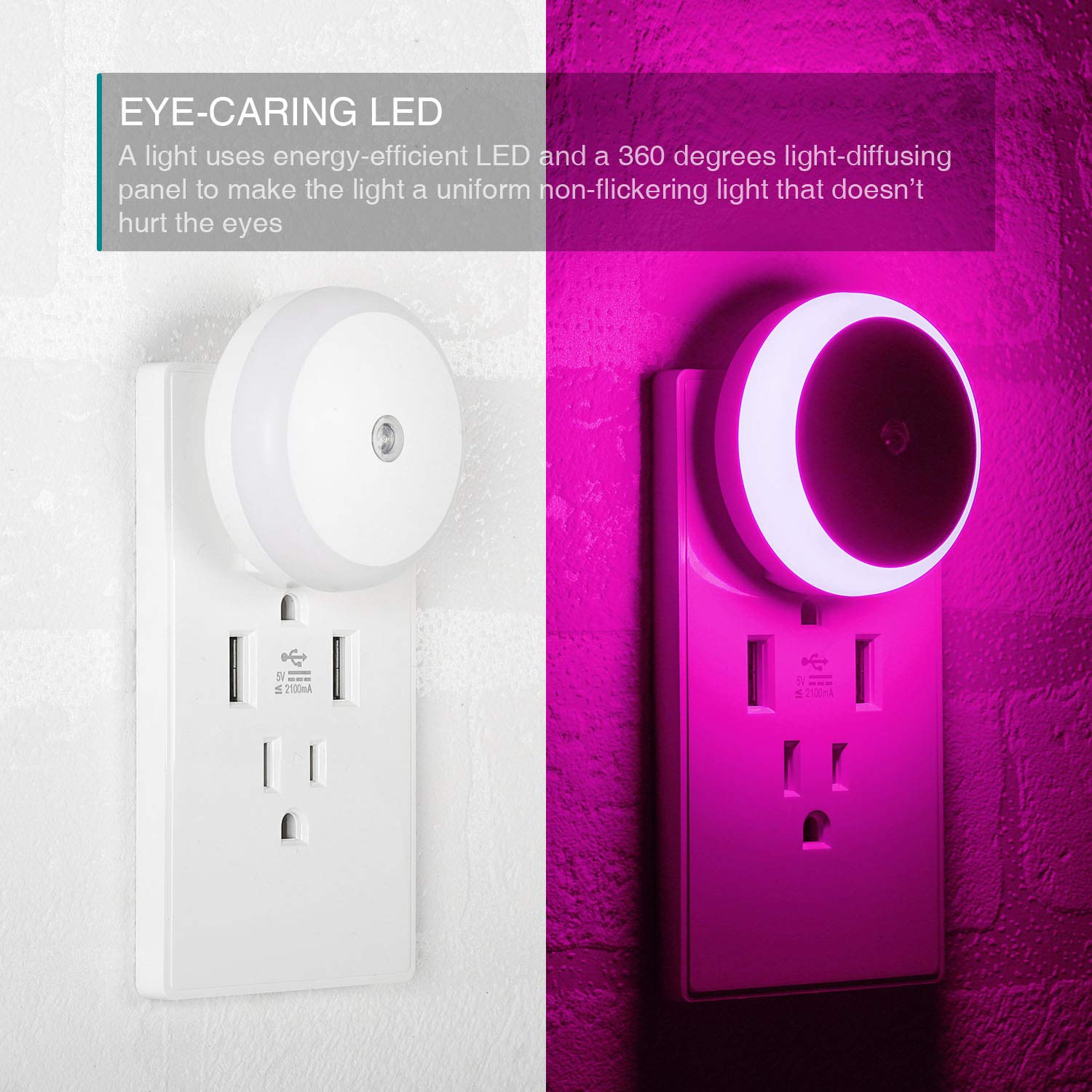Mycozylite Led Night Light, Plug-In Color Nightlight, Round Pink Night Light, Dusk To Dawn Sensor, Energy Saving, 2 Pack