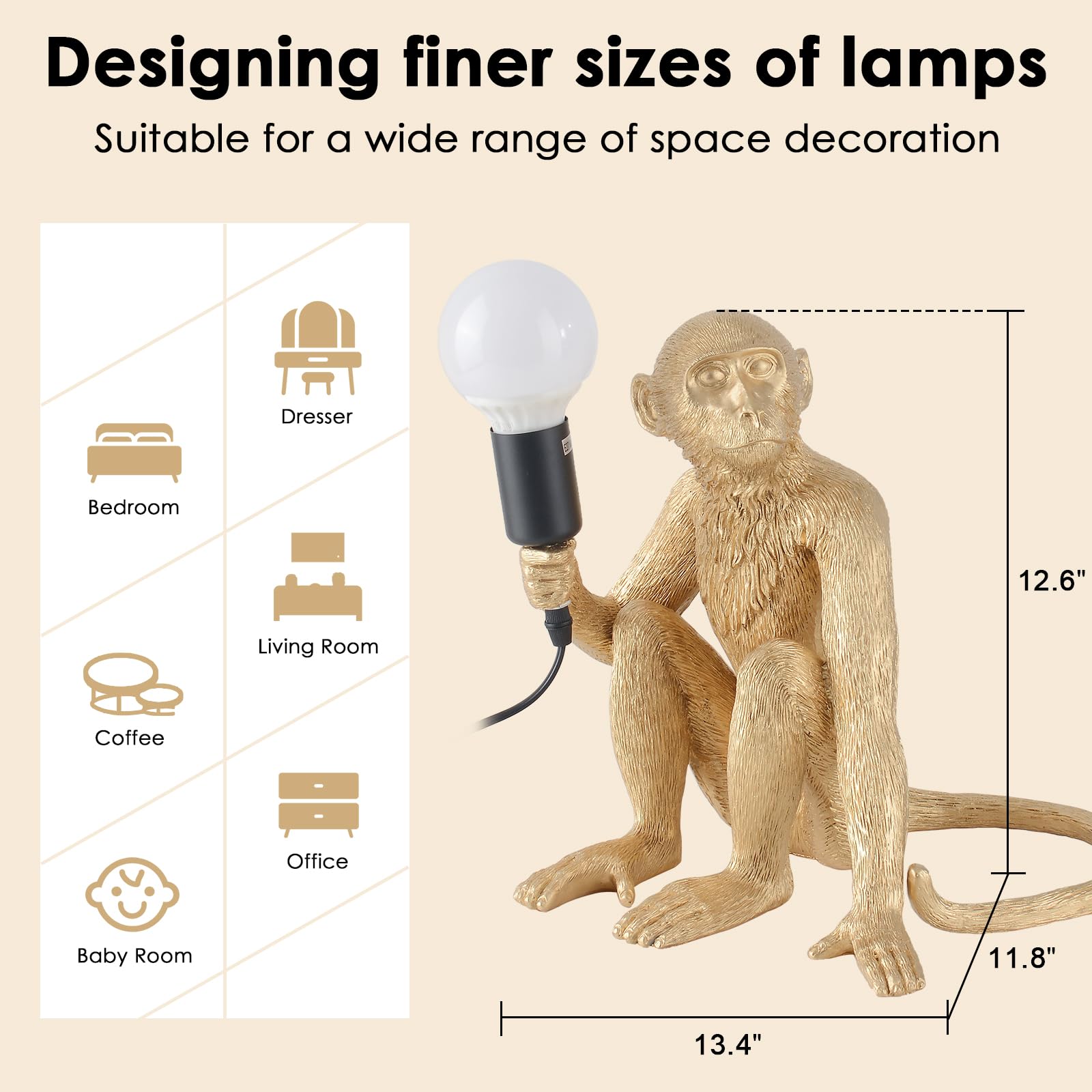 CHABEI Modern Resin Monkey Table Lamp, LED Bedside Light for Home Decor, Living Room, Bedroom, Gold, Model TABLE MONKEY