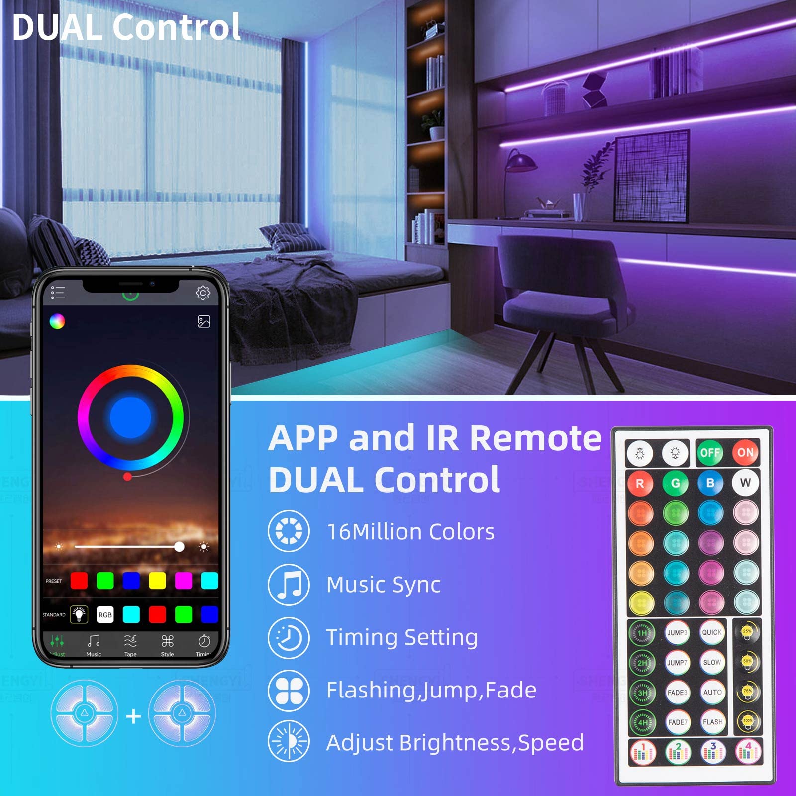 KSIPZE 100ft LED Strip Lights - RGB Music Sync, Bluetooth Control, 2 Rolls of 50ft for Bedroom Home Decor