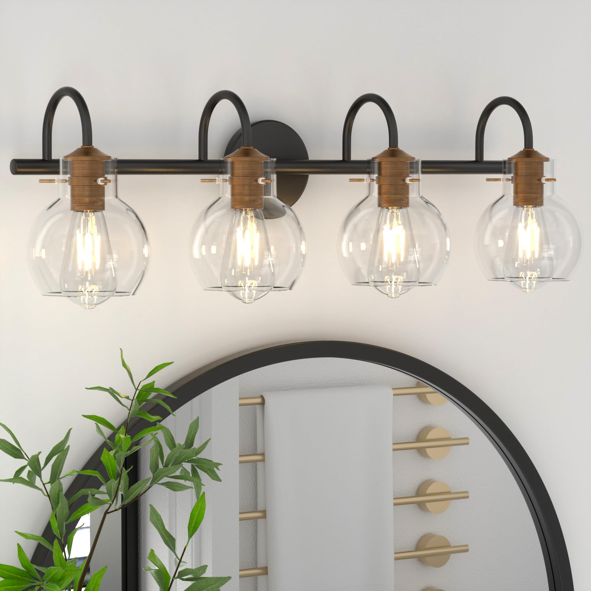 Primeplus 4 Light Bathroom Light Light, Black And Red Copper Bathroom Vanity Fixtures Over Mirror, Modern Copper Vanity Light With Clear Glass Shade, Black Wall Sconce For Bathroom, Bedroom