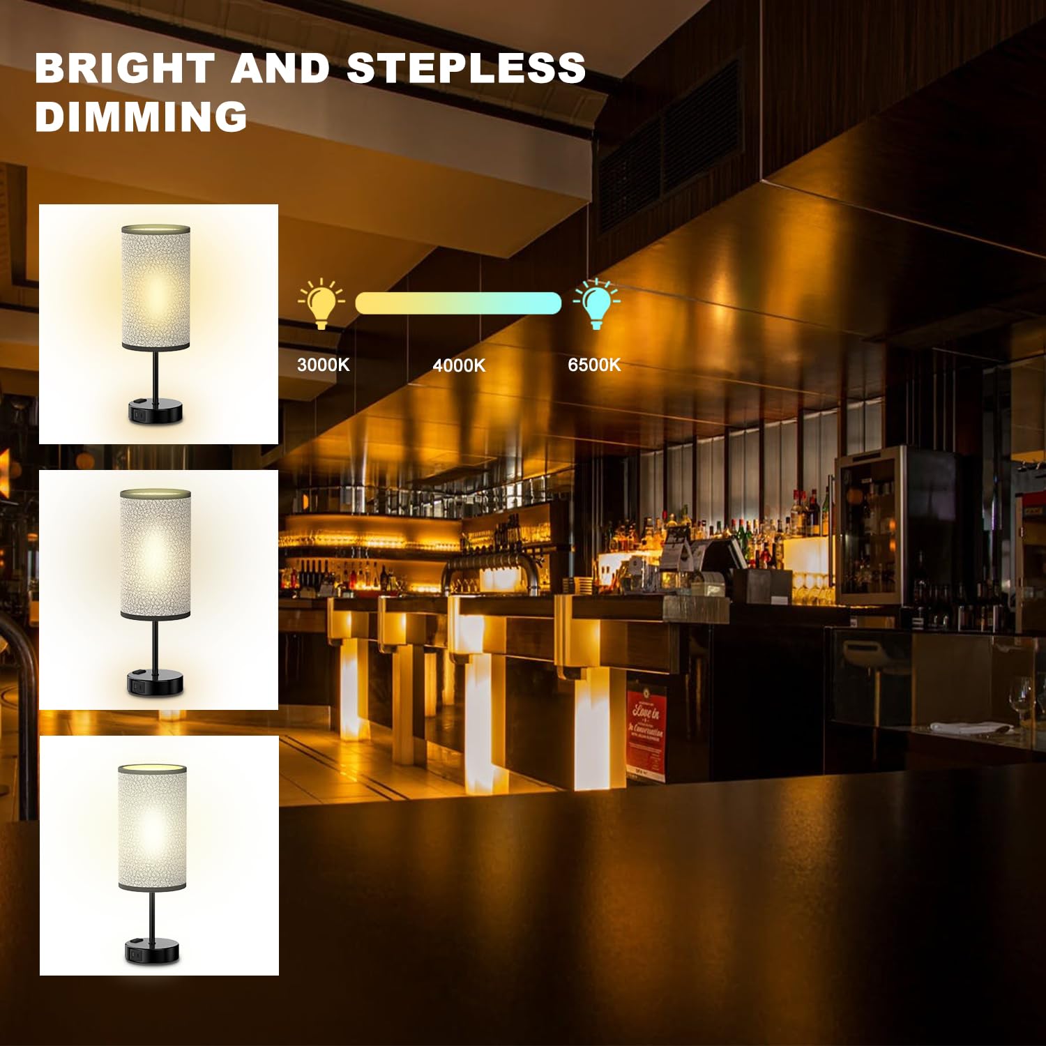 YIDPU Table Lamp with Touch Control, USB C+A Ports, 3-Color LED Light, Fabric Shade, Black, 1PCS, Model 1