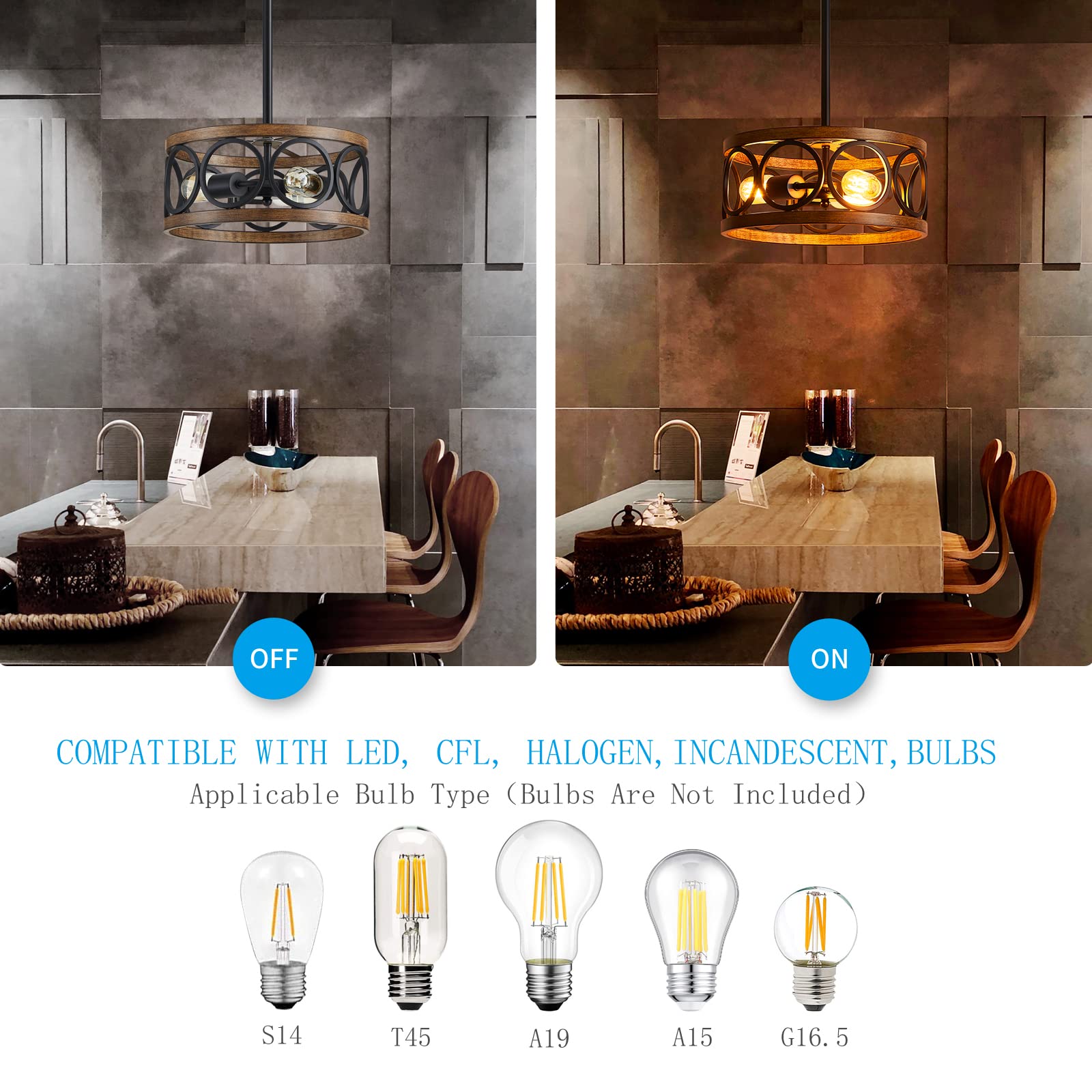 Xingqi Farmhouse Drum Pendant Light Modern 3-Light 13" Chandeliers For Dining Room, Vintage Retro Metal Hanging Light Fixtures For Entryway, Bedroom, Matte Black + Wood Grain Finish