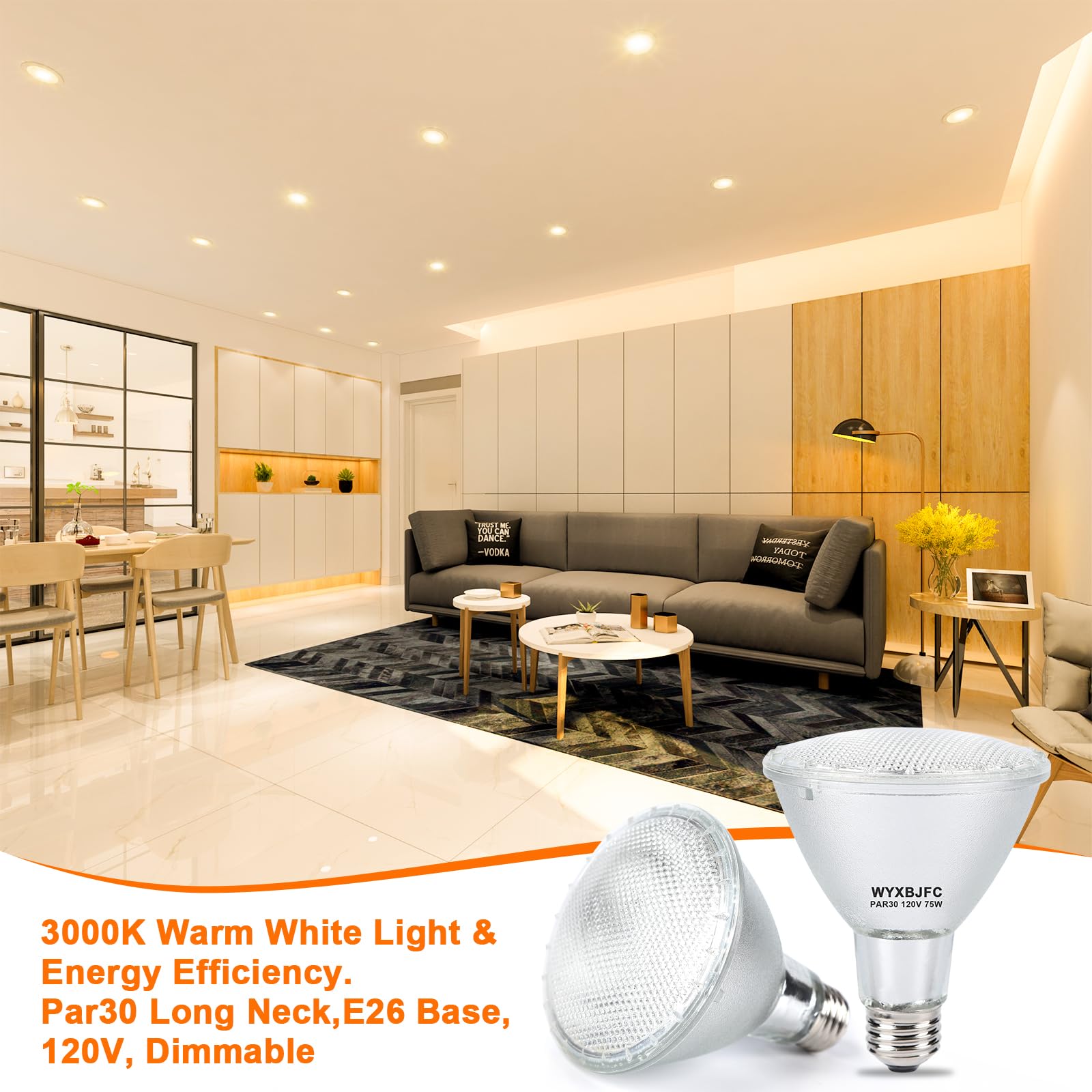 WYXBJFC Par30 Halogen Light Bulbs, 75W, 3000K Warm White, Dimmable, E26 Medium Base, 6 Pack