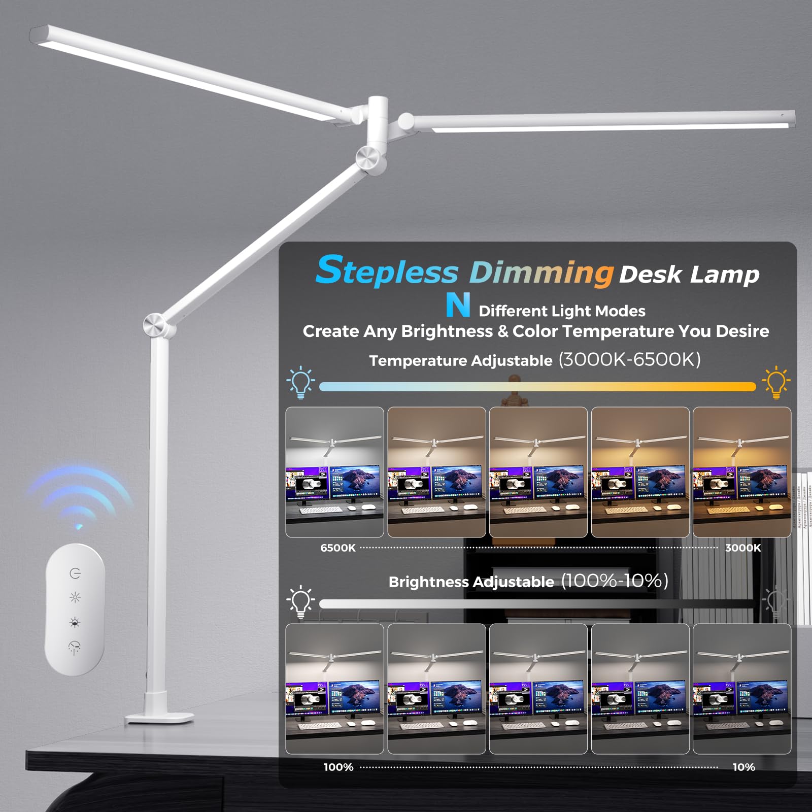 Airlonv Led Desk Lamp  Double Swing Arm Wide Lighting Area Desk Lamps For Home Office With Stepless Dimming  Eye-Caring Architect Desk Light With Clamp For Reading  Study  Workbench  Drafting(White)