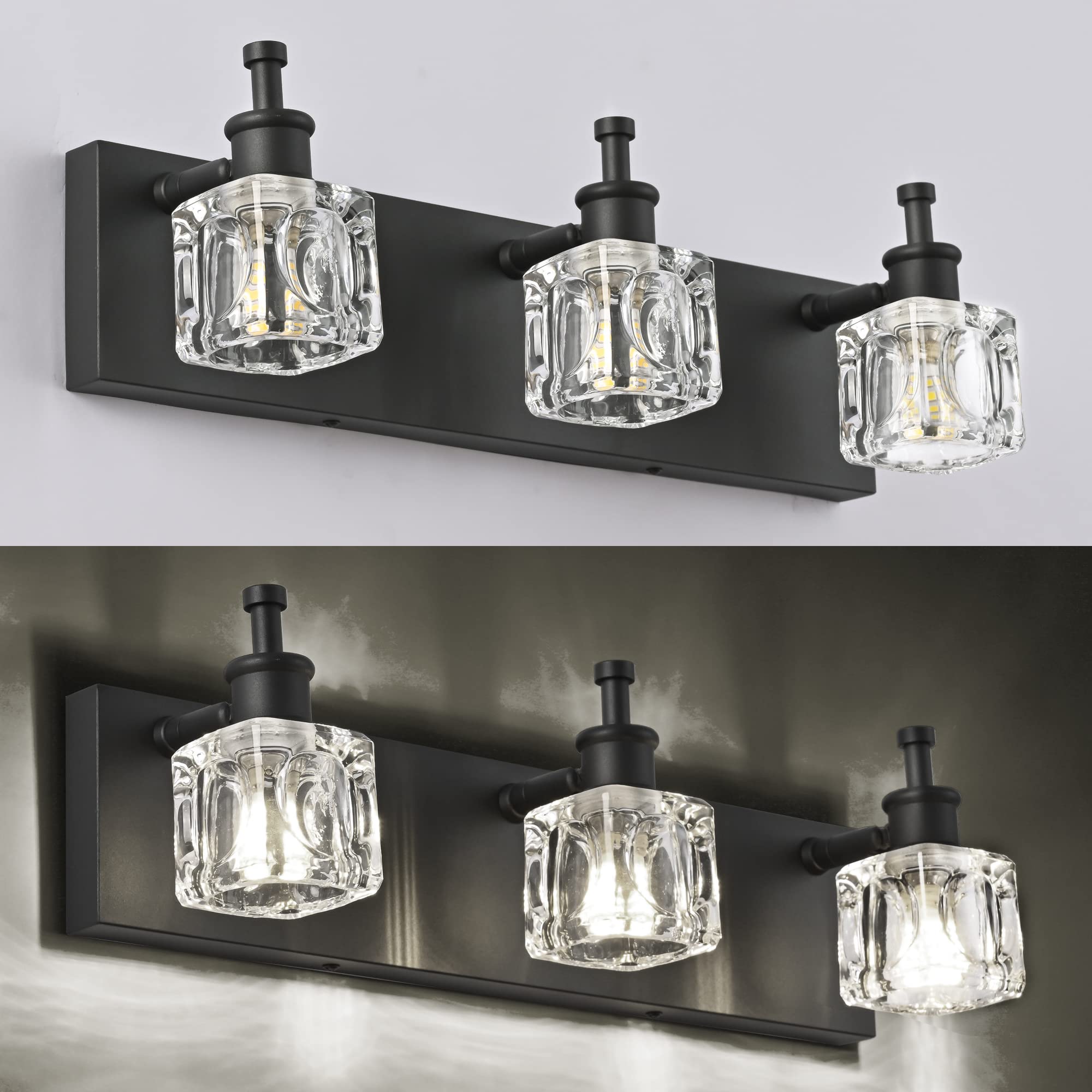 PRESDE Black Crystal Bathroom Light Fixtures, 3-Light Vanity Lighting, Metal Matt Black, Model HU-XI-201