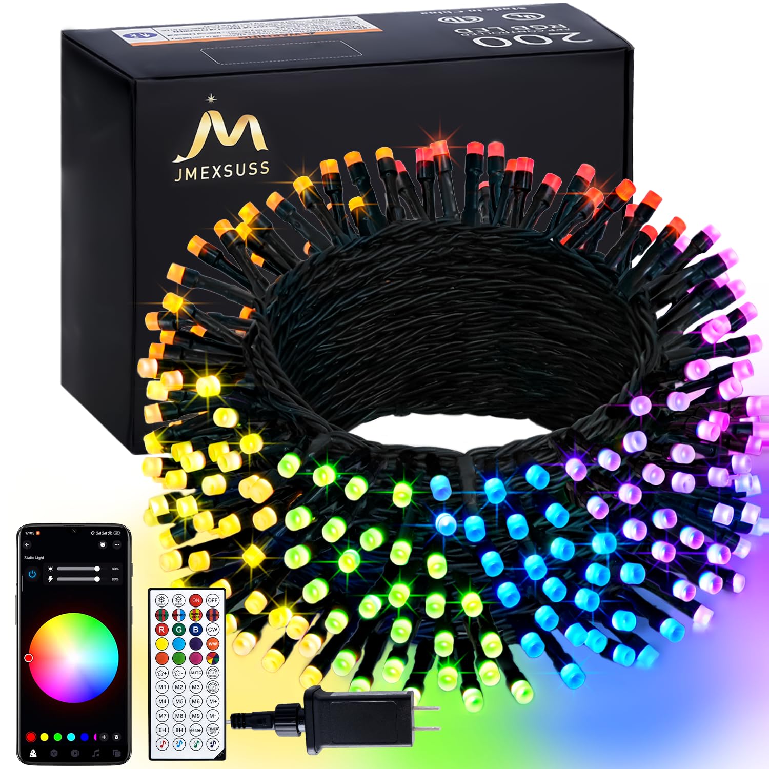 JMEXSUSS APP Controlled Color Changing Christmas Lights, 66ft 200 LED RGB String Lights Green Wire with Remote, Smart Christmas 
