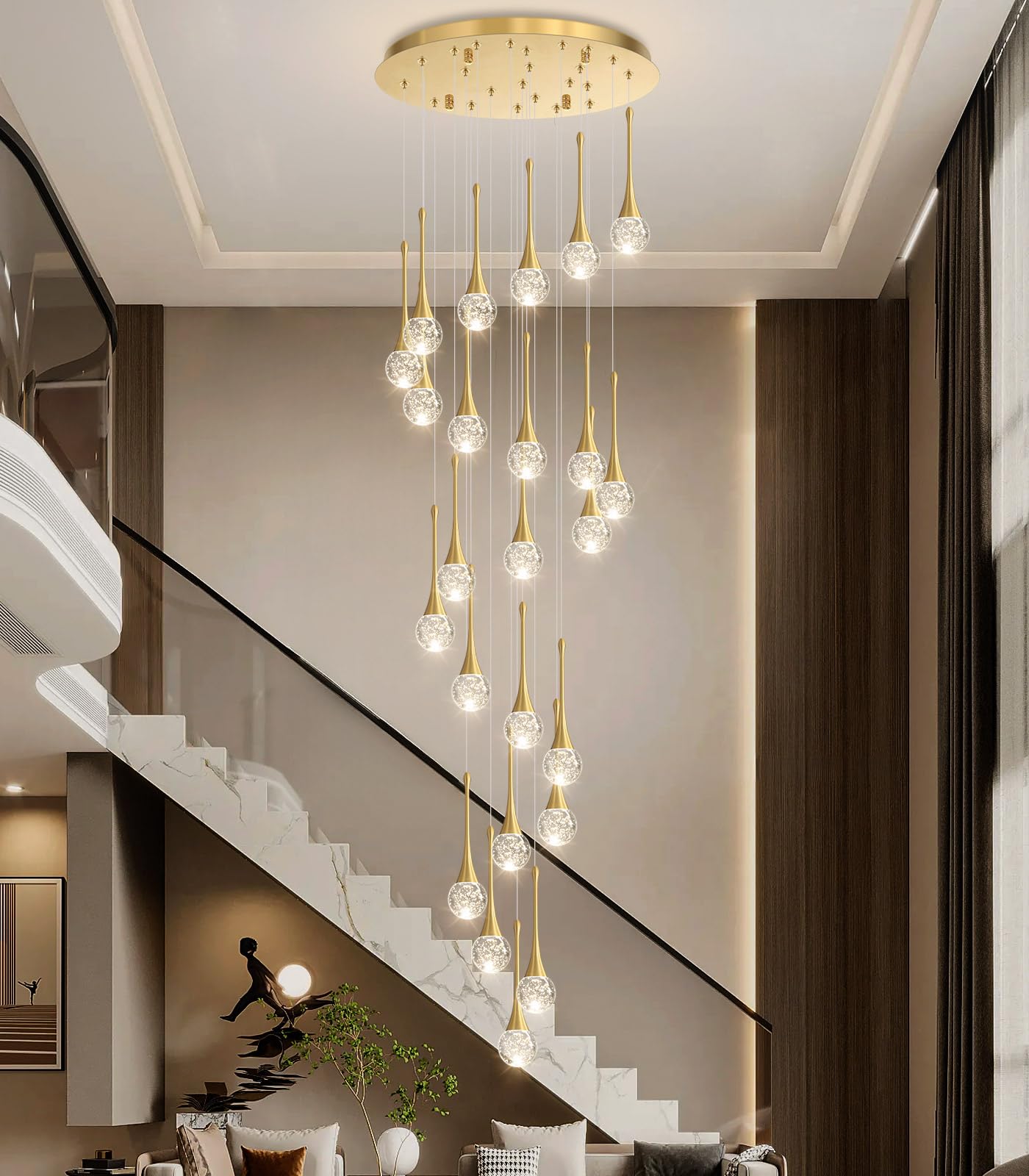 cenozo 24-Light Modern Glam Crystal Chandelier, LED Dimmable, Antique Gold, High Ceiling Lighting, Model RS2037-24G