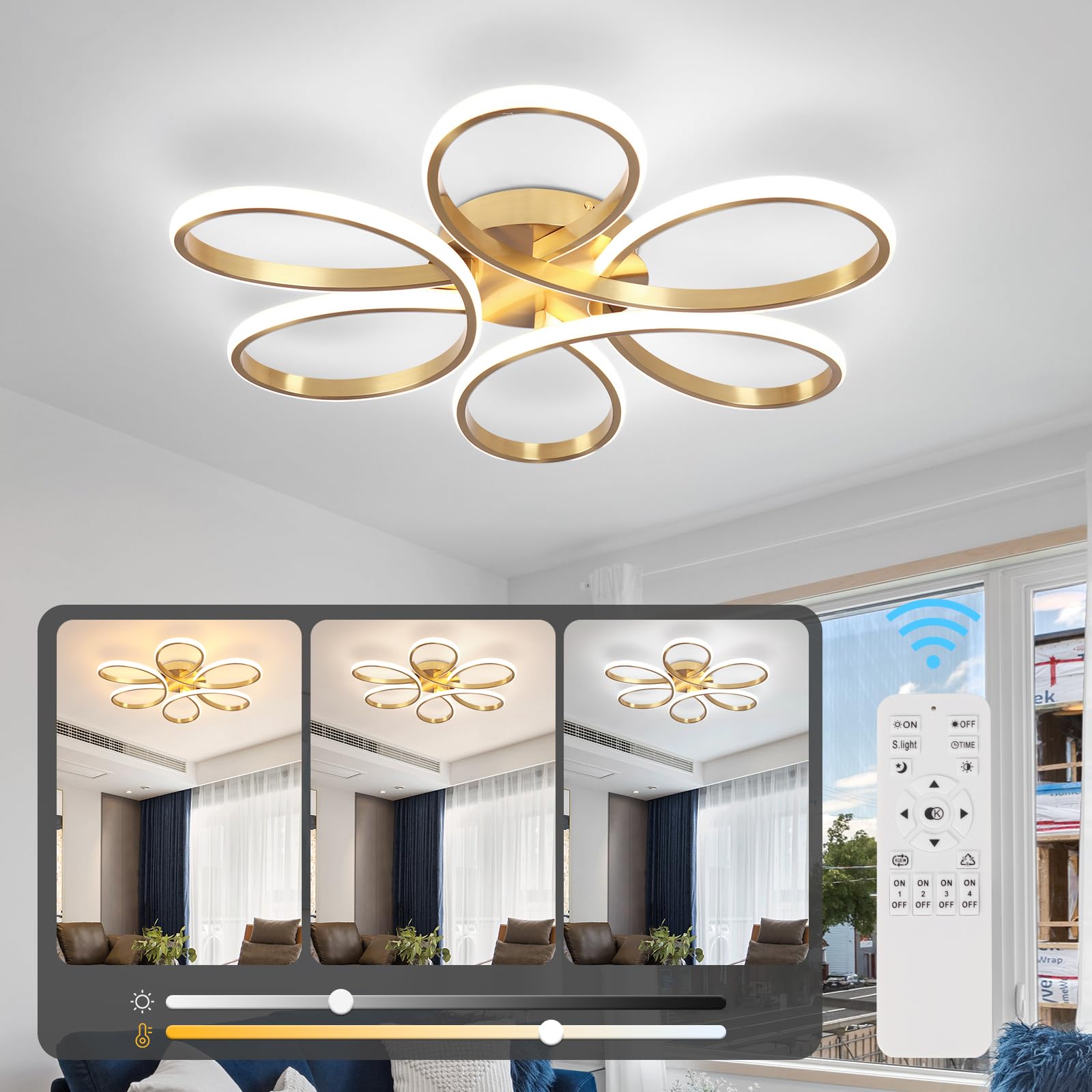 HLILCEH 26inch Modern LED Ceiling Light, 6 Rings Flower Flush Mount Light Fixture with Remote Control Gold Dimmable Ceiling Lamp