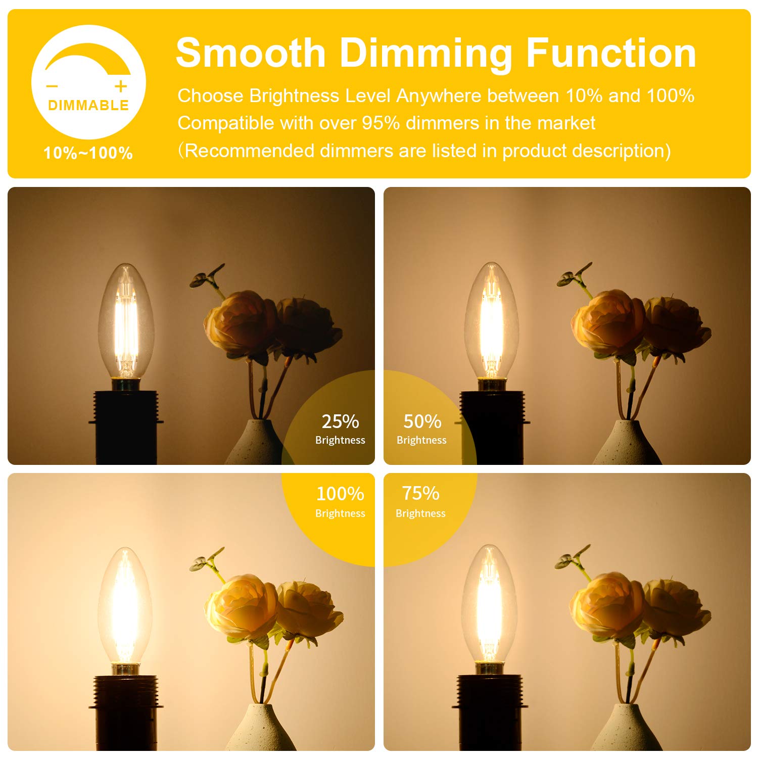 24-Pack Dimmable E12 Led Candelabra Bulbs 60W Equivalent, 2700K Soft Warm White, 600 Lumens B11 Candle Base 6W C35 Led Filament