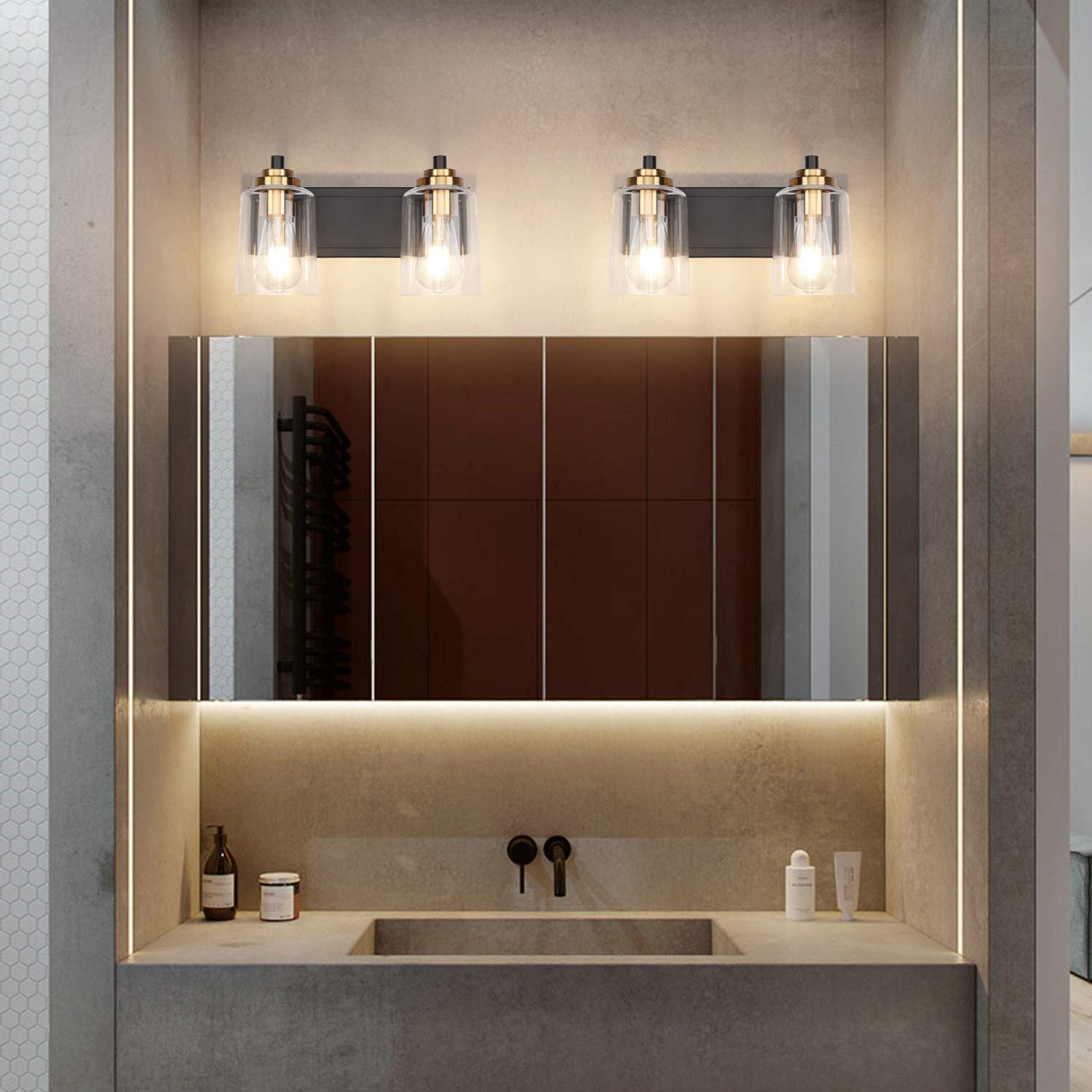 Solfart 20.1 Inch Black Vintage Bathroom Vanity Light Fixtures Fixtures With Modern Glass Globe Shade Metal Brass Wall Lamp 2 Li