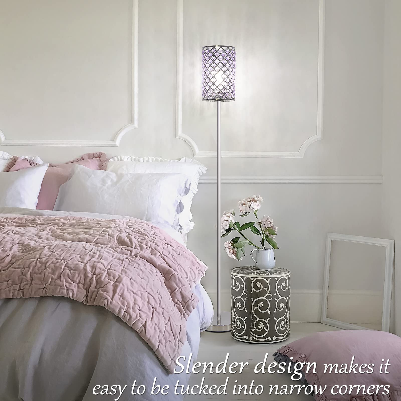 Floor Lamp For Bedroom, Lavender Crystal Floor Lamp With Glam Shade, Elegant Standing Lamp With On/Off Foot Switch & Silver Base