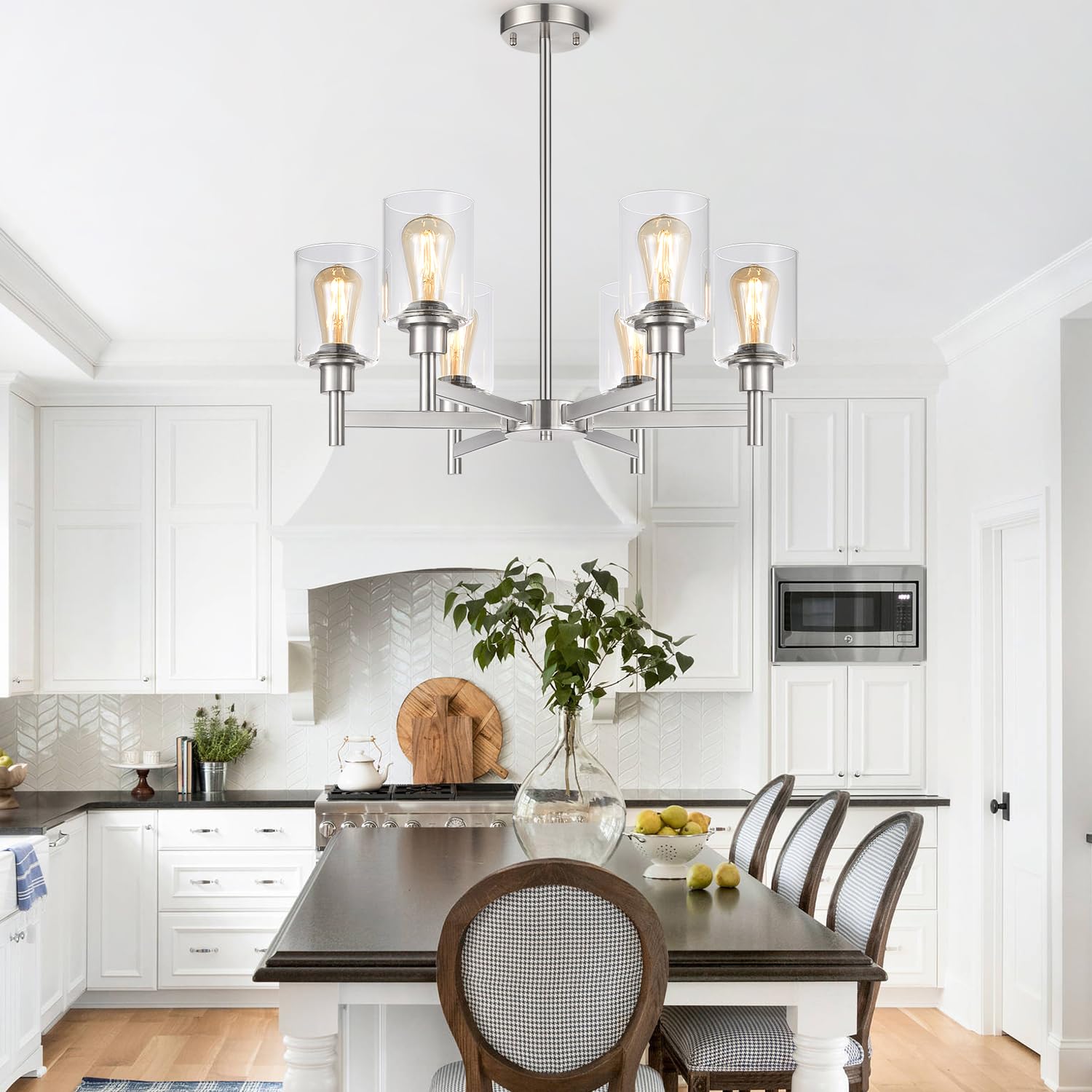 6 Light Farmhouse Chandelier For Dining Room Light Fixtures Over Table,Pendant Light Fixture With Clear Glass Shade For Living R