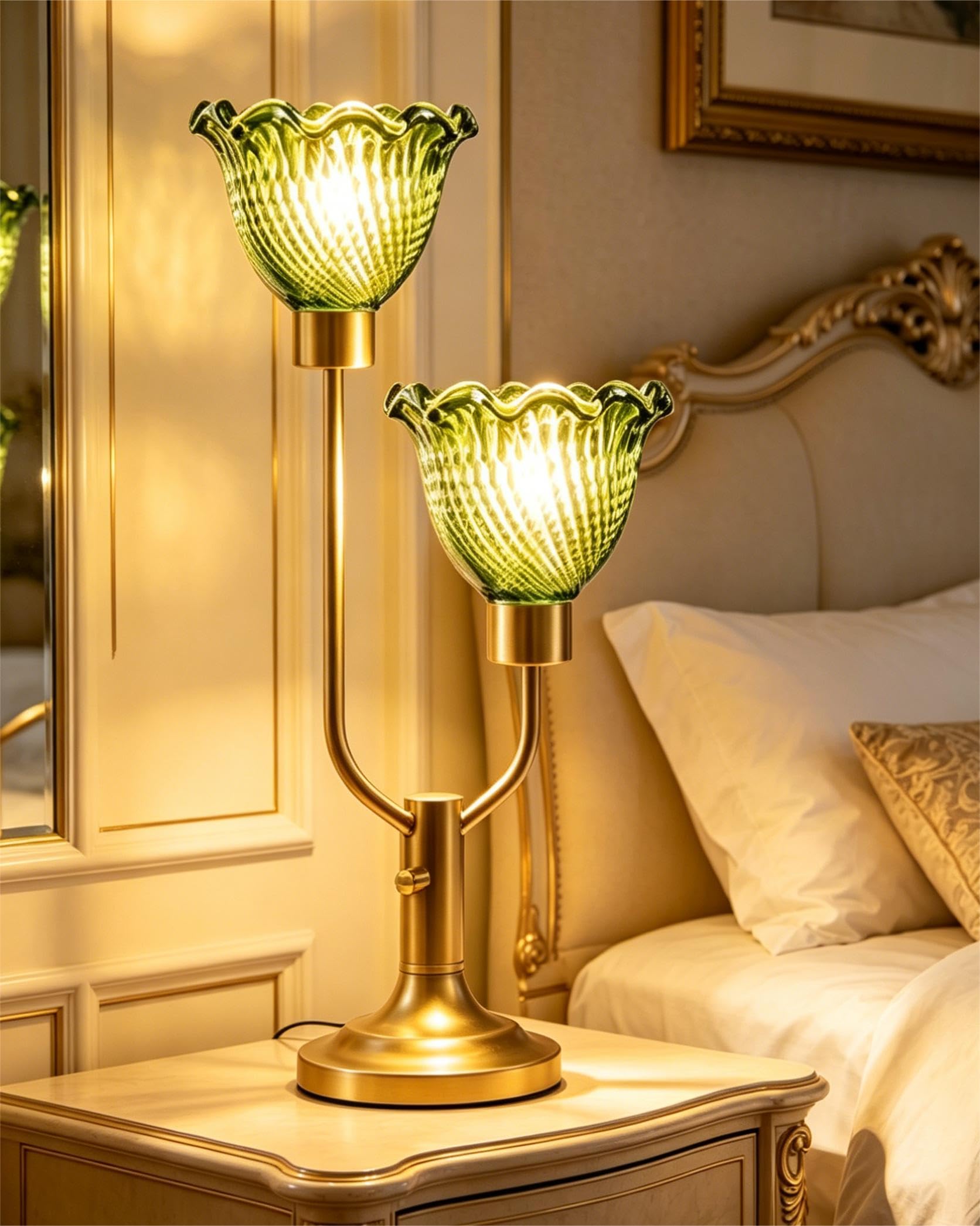 Lightdot Vintage Green Glass Table Lamp for Living Room Dimmable Mid Century Modern Desk Lamp Gold Flower Nightstand Lamp 2 Bulb