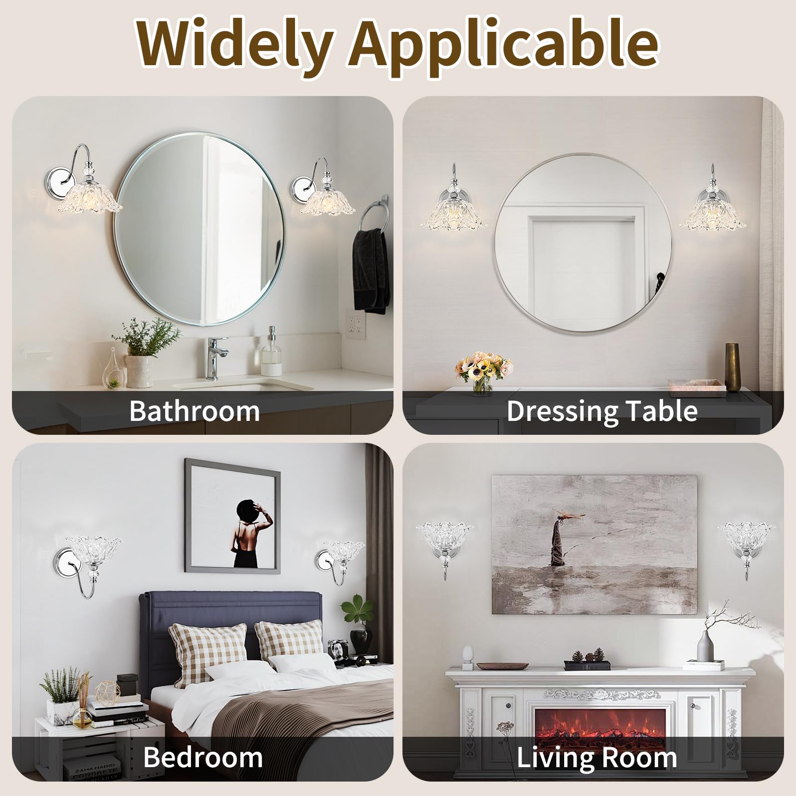 sunkryster Chrome Wall Sconce - 1-Light Modern Bathroom Vanity Light with Floral Glass Shade, Model Sun-104AB-1-Chrome