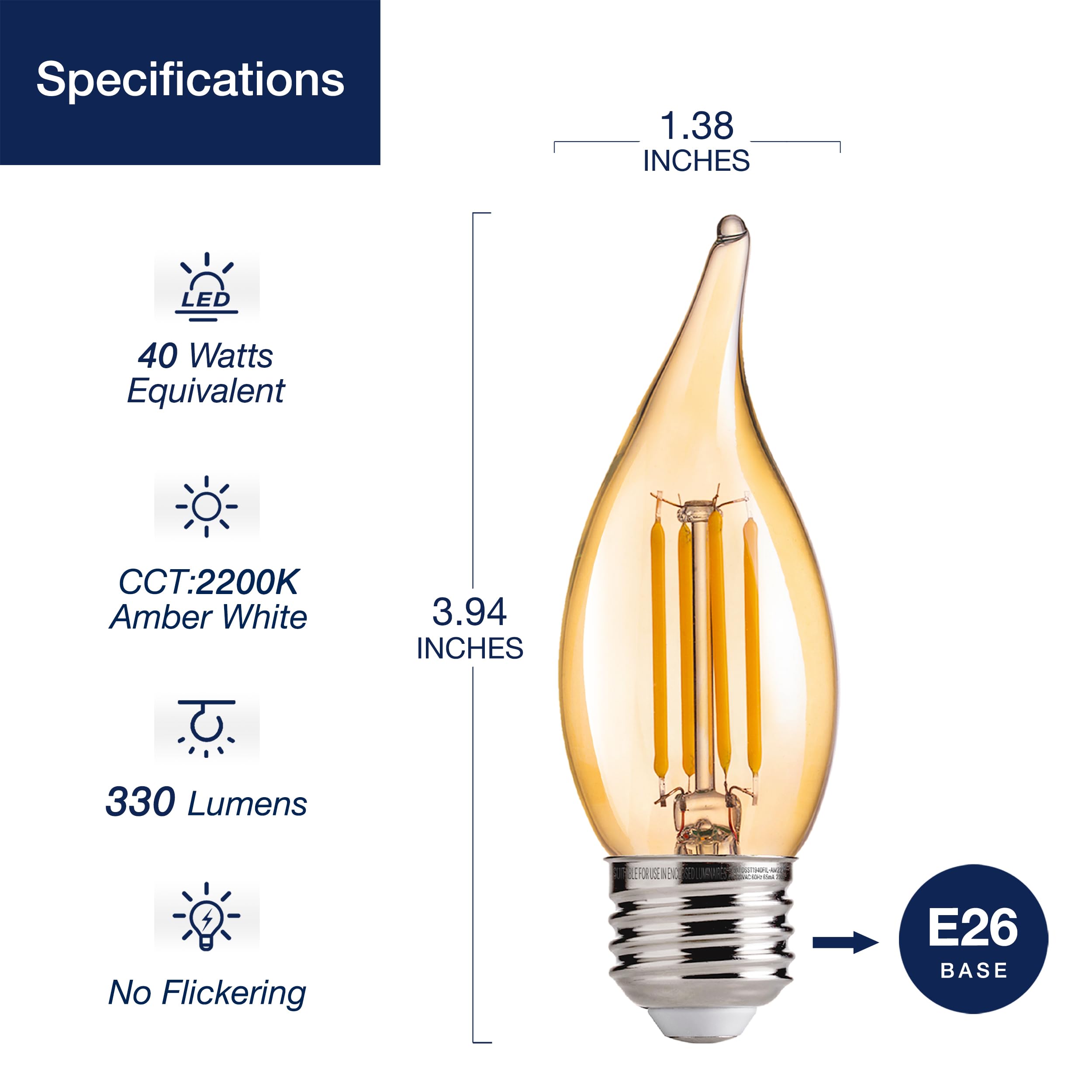 FLSNT CA11 LED Candelabra Bulbs, Dimmable, 40W Equivalent, 330LM, 2200K Warm White, Amber Glass, 24 Pack