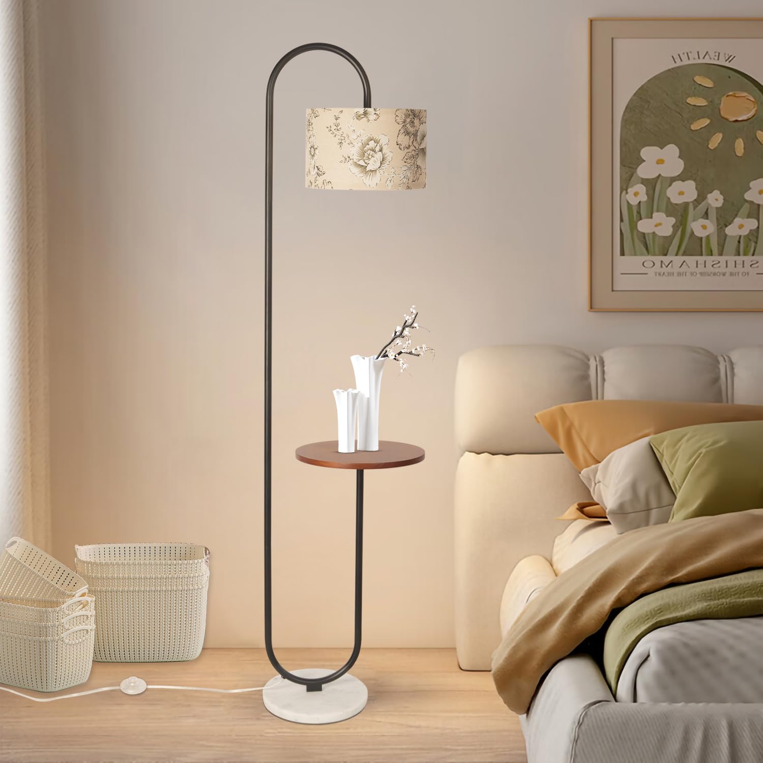 Hsyile Arc Floor Lamp With Hanging Drum Shade For Living Room-Marble Base Modern Tall Stand Up Light With Table, Contemporary Ov