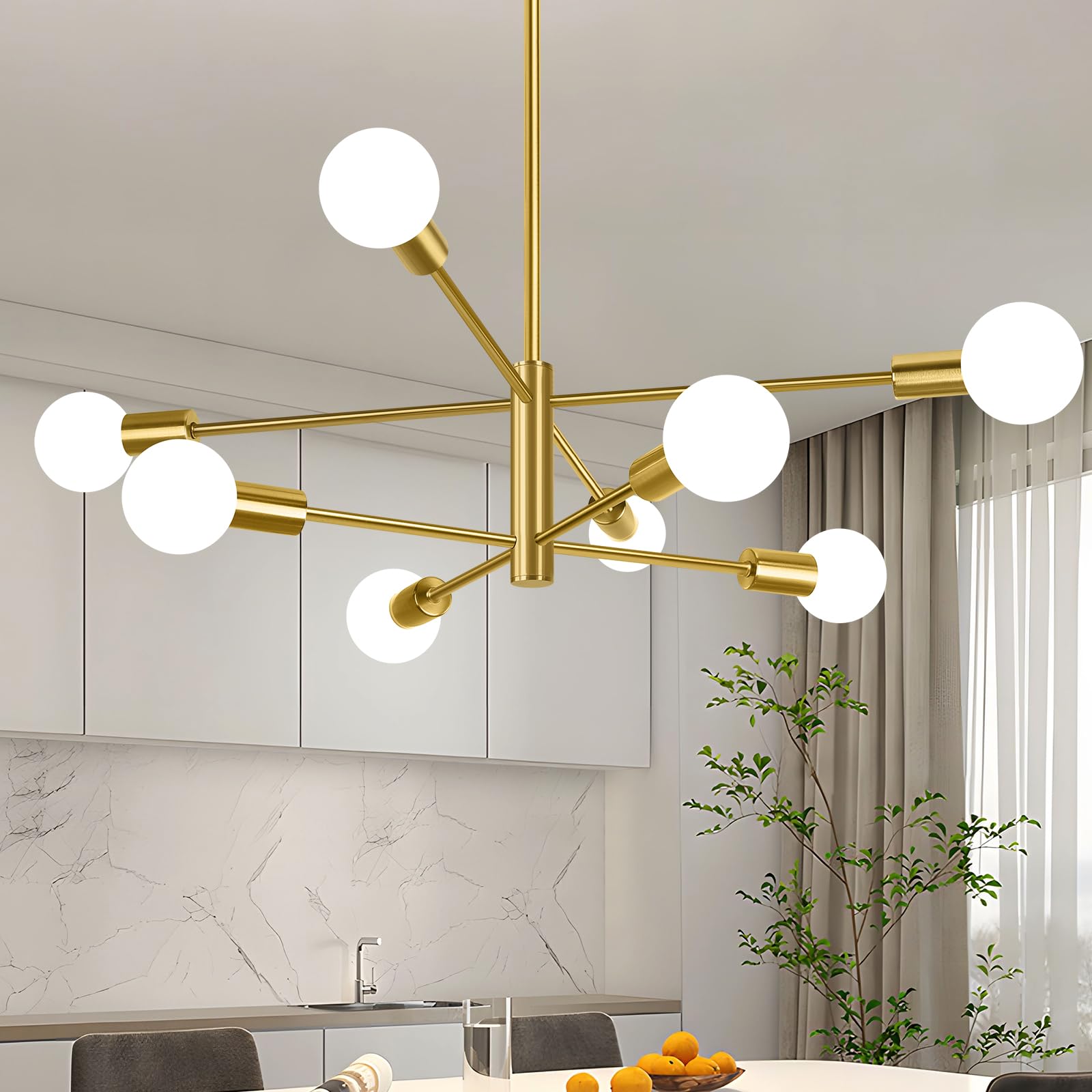 BesLowe 8-Light Modern Sputnik Chandelier, Mid Century Gold Chandeliers Lighting, Farmhouse Ceiling Hanging Light Fixture for Di