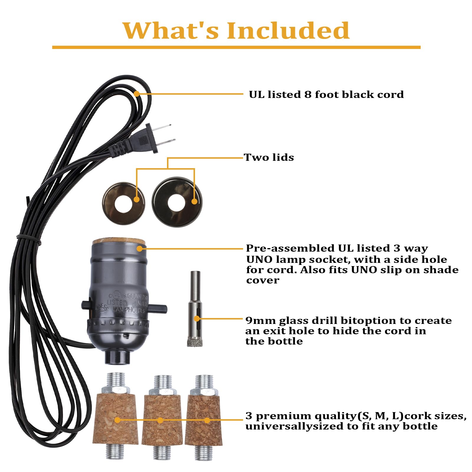 Aokpsrt Bottle Lamp Kit with 9mm Glass Drill Bit, Slip-on Socket, 8 Feet Power Cord, Black, 1-Pack, Model W-DDT-RetroBlack1-1