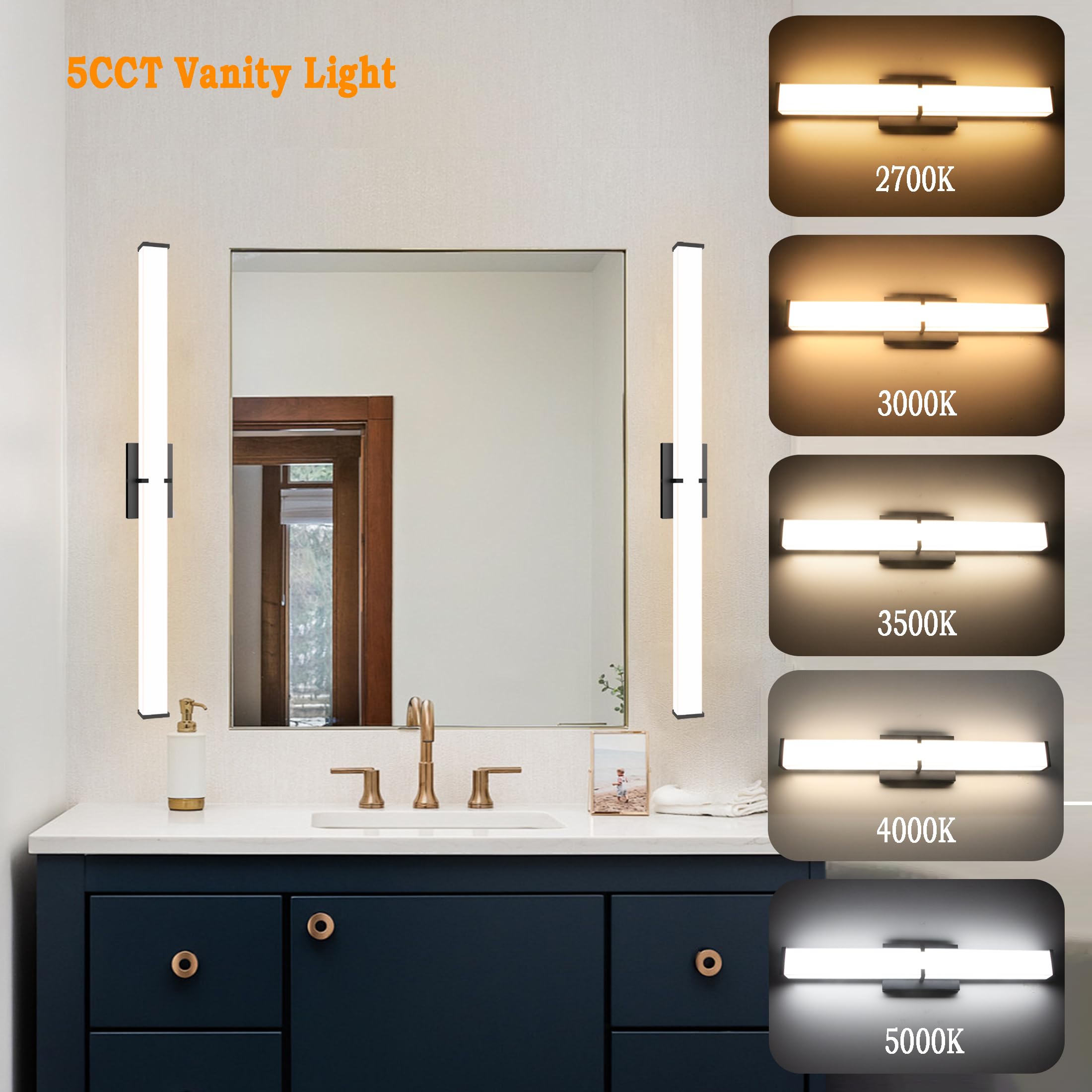 NOVELUX LED Vanity Light Fixture, 31.5 Inch, Dimmable, 5CCT, Black Metal, ETL Listed, Clear Shade