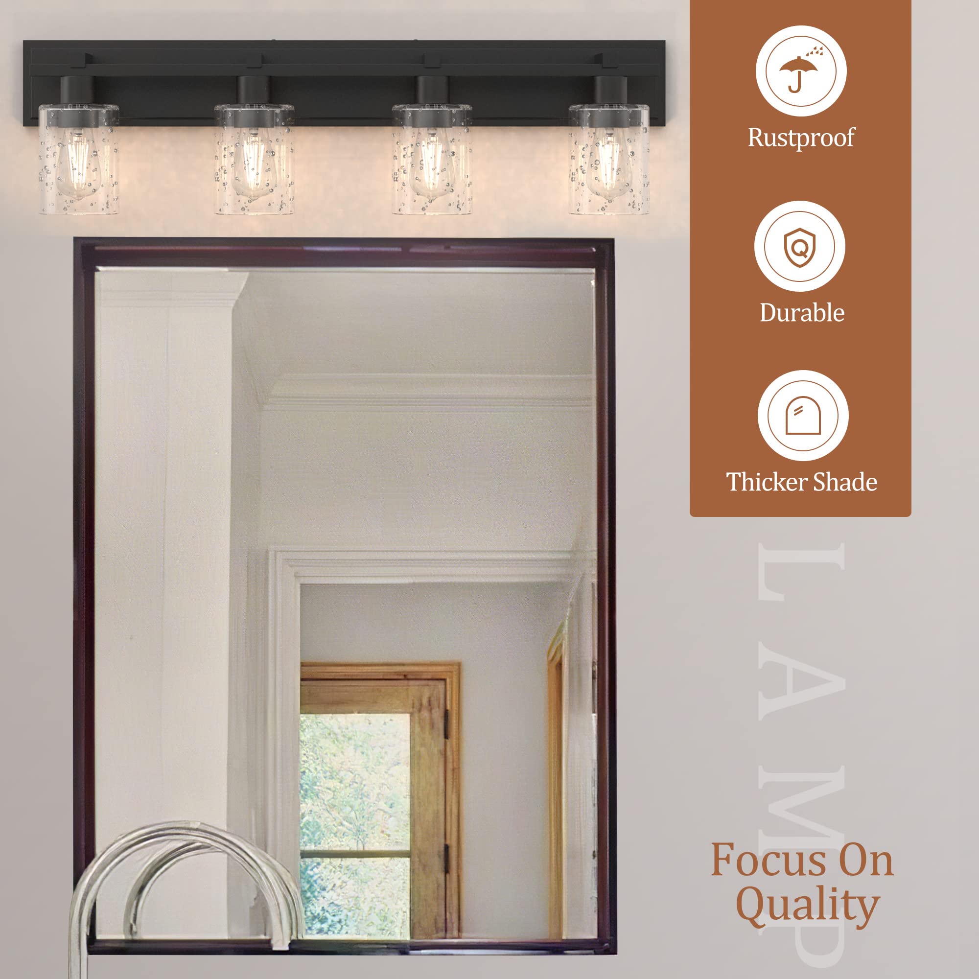 Espird Bathroom Vanity Light - 4 Light Matte Black Fixture with Seeded Glass Shade, 33 inch Modern Wall Sconce, Model W-011-1