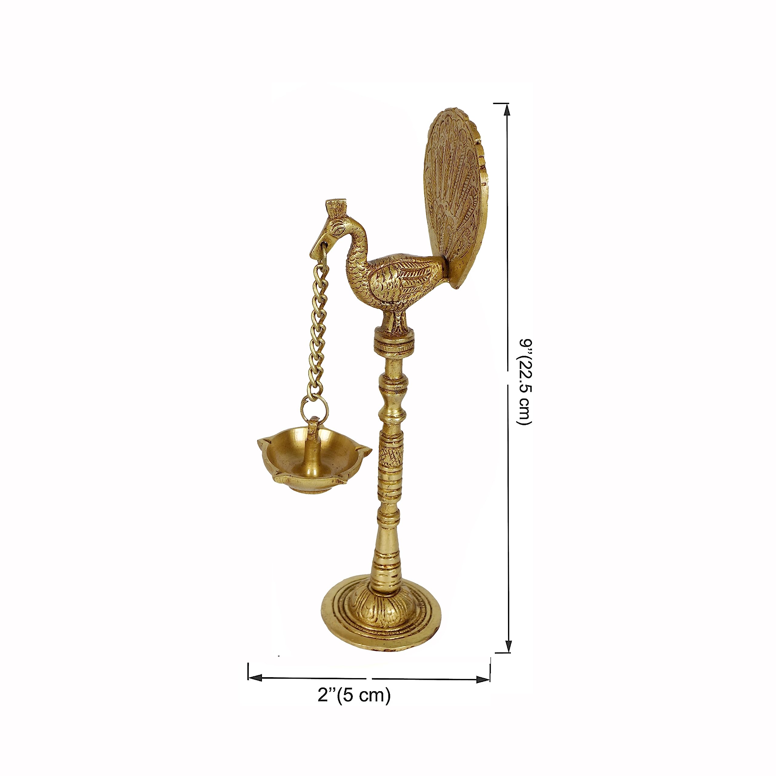 Two Moustaches Peacock Design 9 Inches Brass Hanging Diya Pair (Pack Of 2), Diyas For Diwali Decoration, Diyas For Home Decor, Diyas For Home/Temple, Antique Yellow, Standard