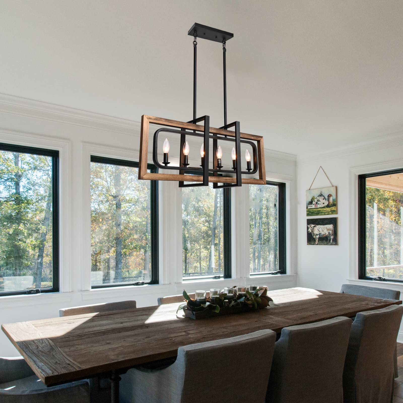 Lingkai Farmhouse Chandelier - Rustic 6-Light Pendant Fixture, Wood & Metal for Kitchen, Dining Room, Pool Table - Model LKCH21005WD-6
