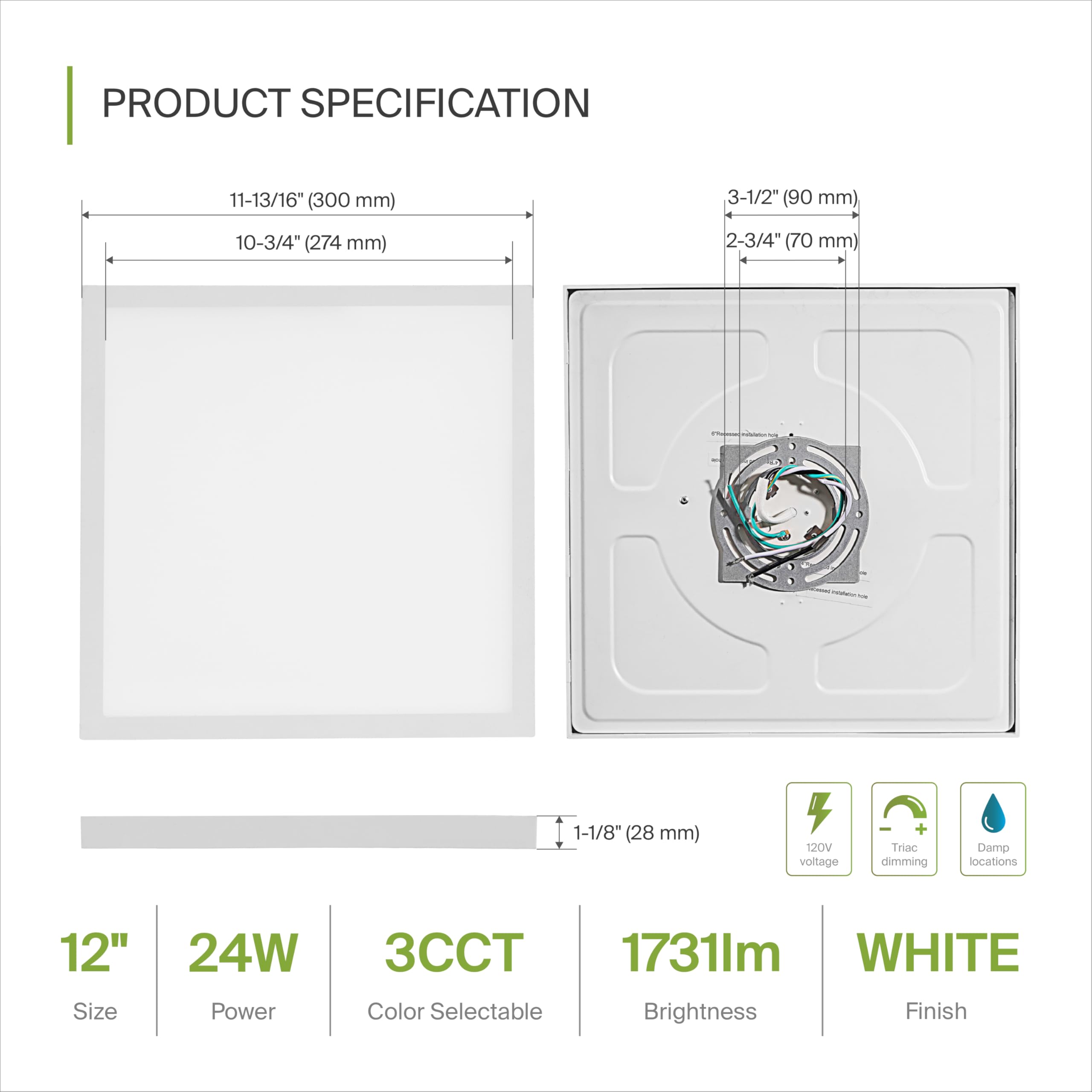 ASD LED Ceiling Light Fixture, 24W 1700LM, Dimmable, 12in Square, White, Model A-MPS-12D24WH, ETL Listed, Ultra