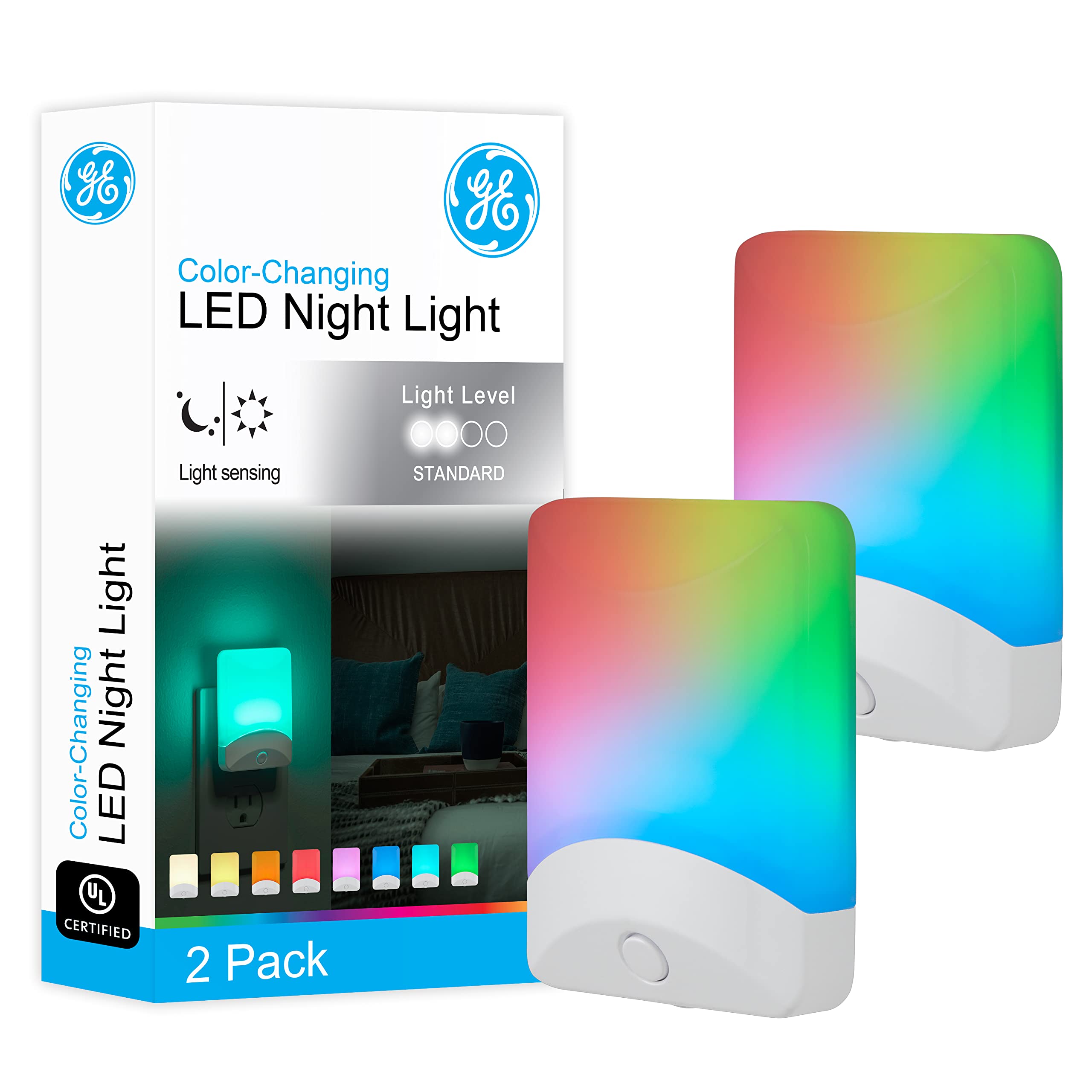 GE Color-Changing LED Night Light, Dusk to Dawn Sensor, 2 Pack, Plastic, Model 46722