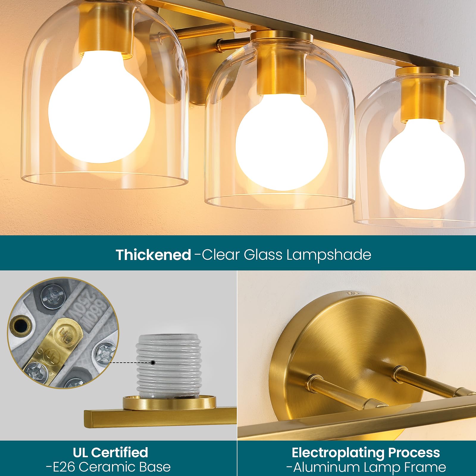 Woshitu Bathroom Vanity Light Fixtures: 23.3 Inch Modern Brushed Gold Bathroom Light Fixtures Over Mirror With Clear Glass Shade