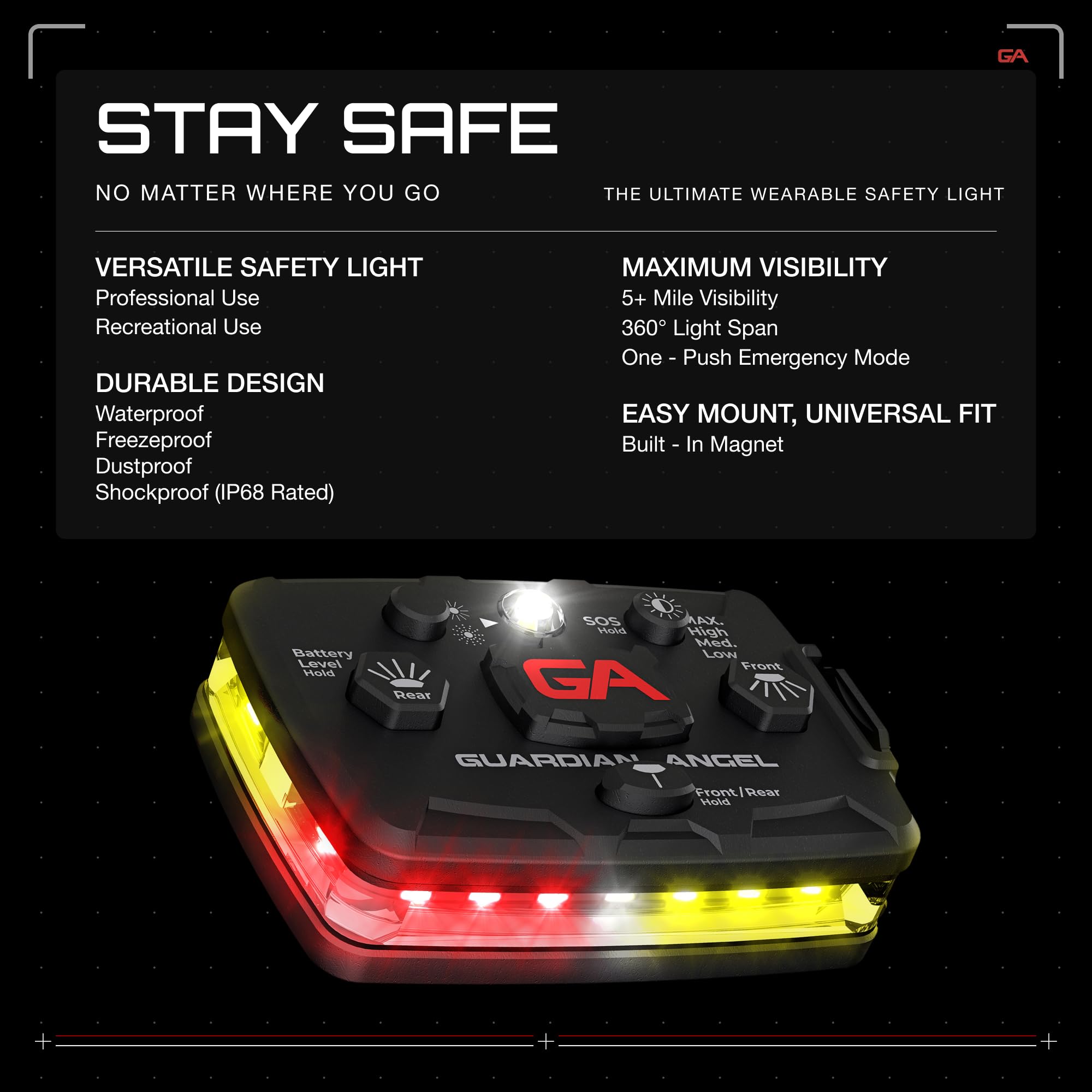 Guardian Angel Elite Series Safety Light - (Red/Yellow Front & Red/Yellow Rear) - Rechargeable, Magnetic, Hands-Free Wearable Le
