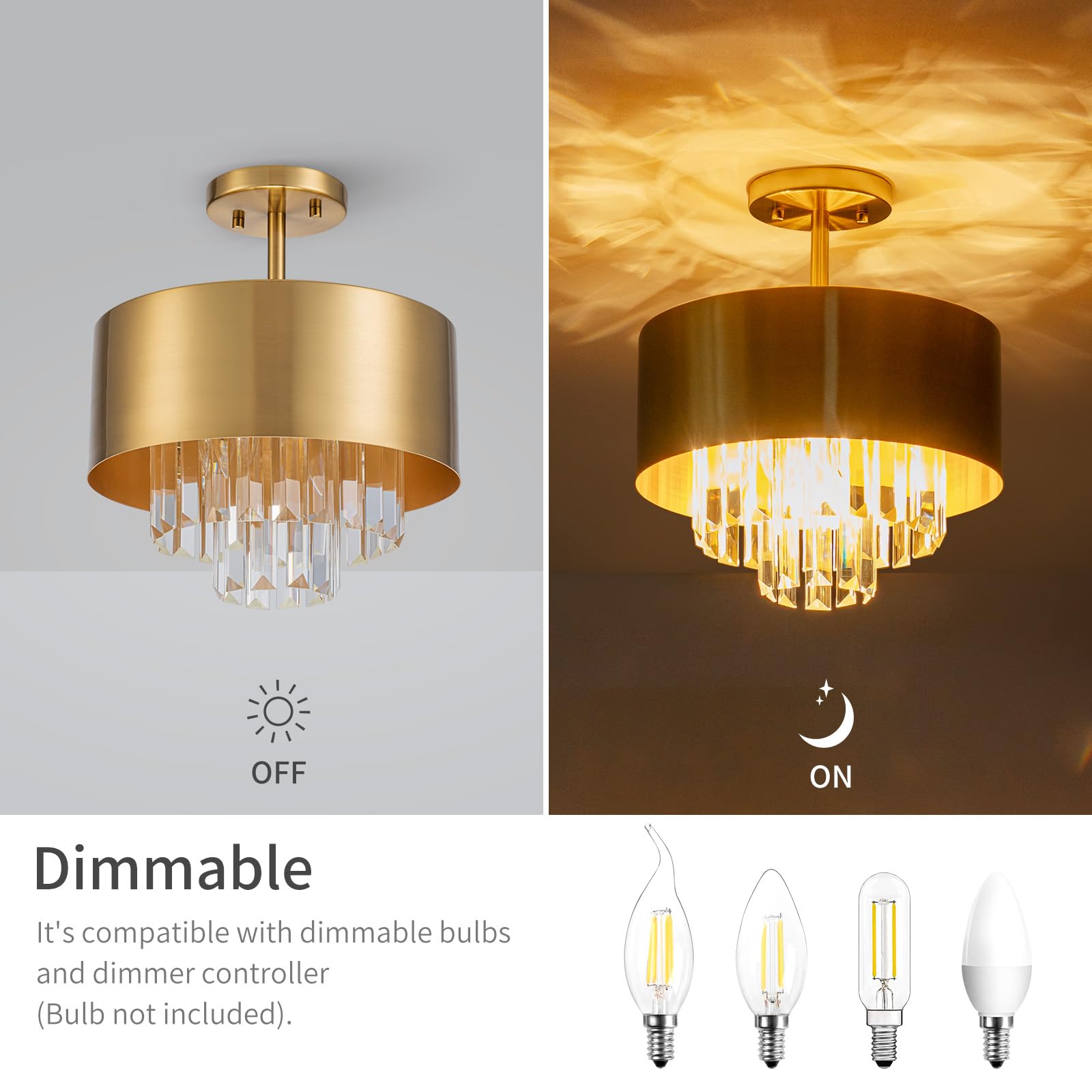 Lumfurn 3-Lights Luxury K9 Crystal Ceiling Light For Living Room, Foyer, Bedroom, Close To Ceiling Semi-Flushmount Light Fixture