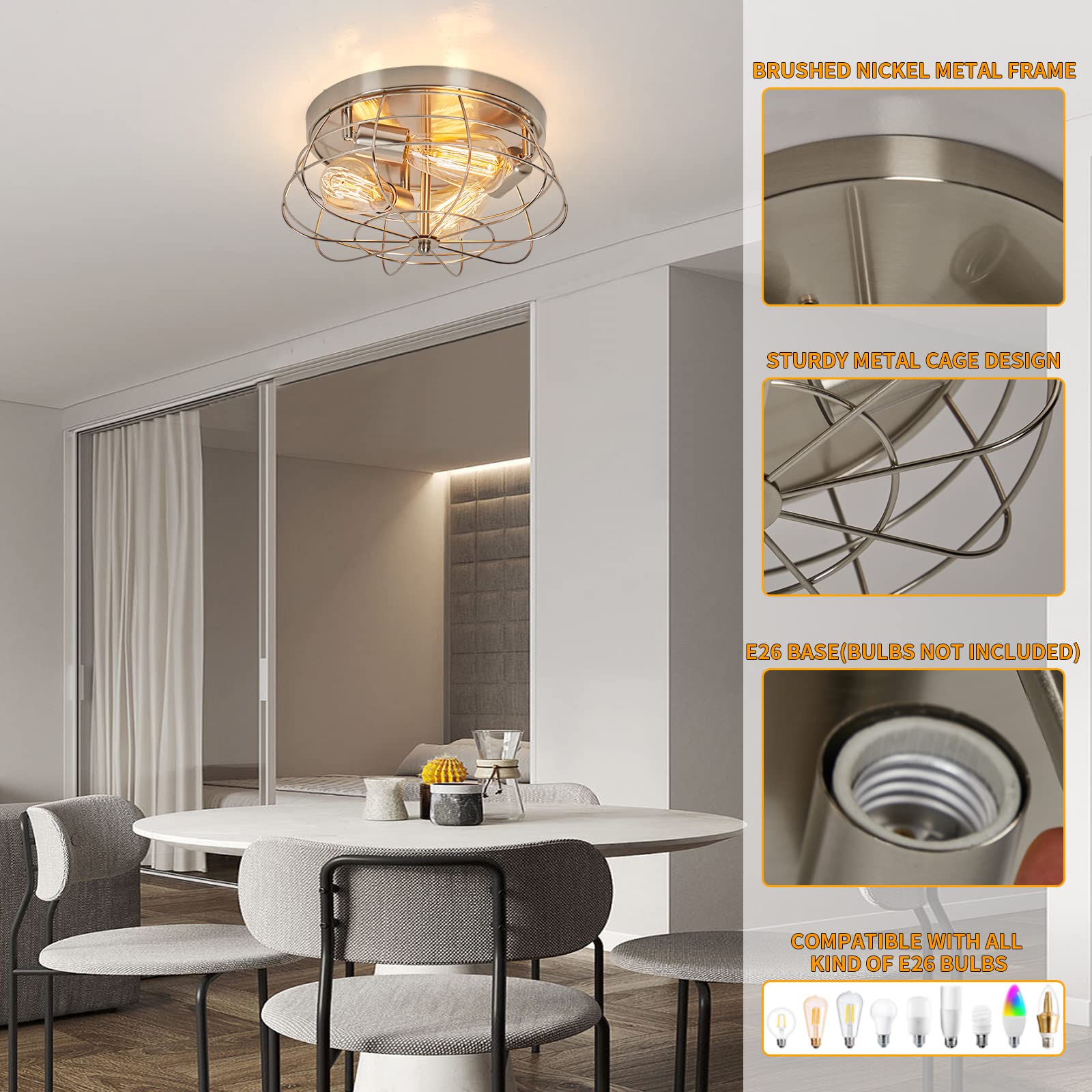 Foucasal Flush Mount Ceiling Light Brushed Nickel Ceiling Light Fixture 3-Light Modern Flush Mount Ceiling Light Metal Cage Kitc