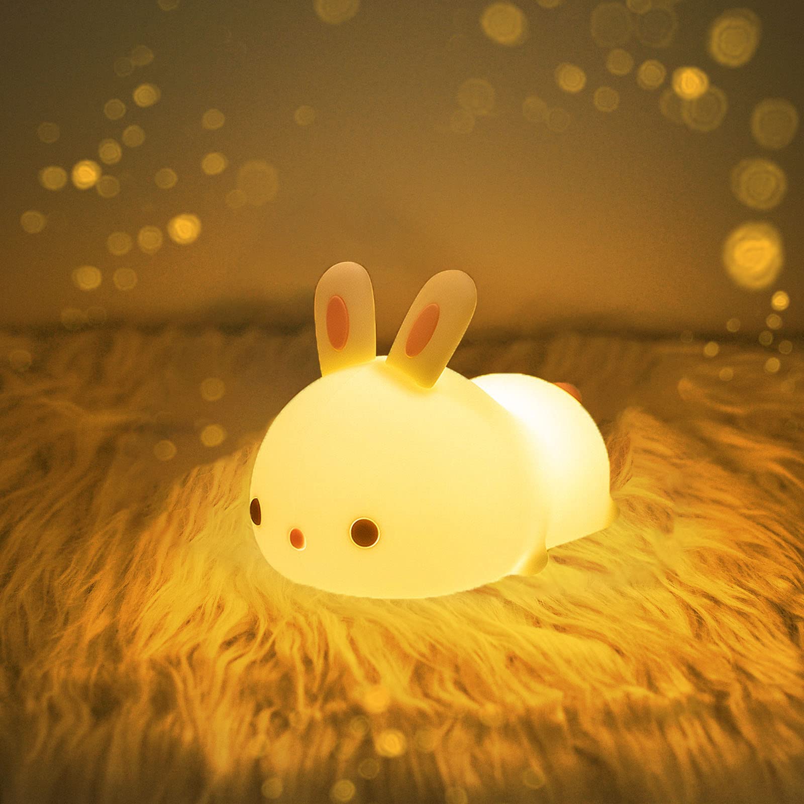 YOTOZU Bunny Night Light, USB Rechargeable, 16 Colors & Breathing Modes, Kids Gift, Tap Control, Warm White