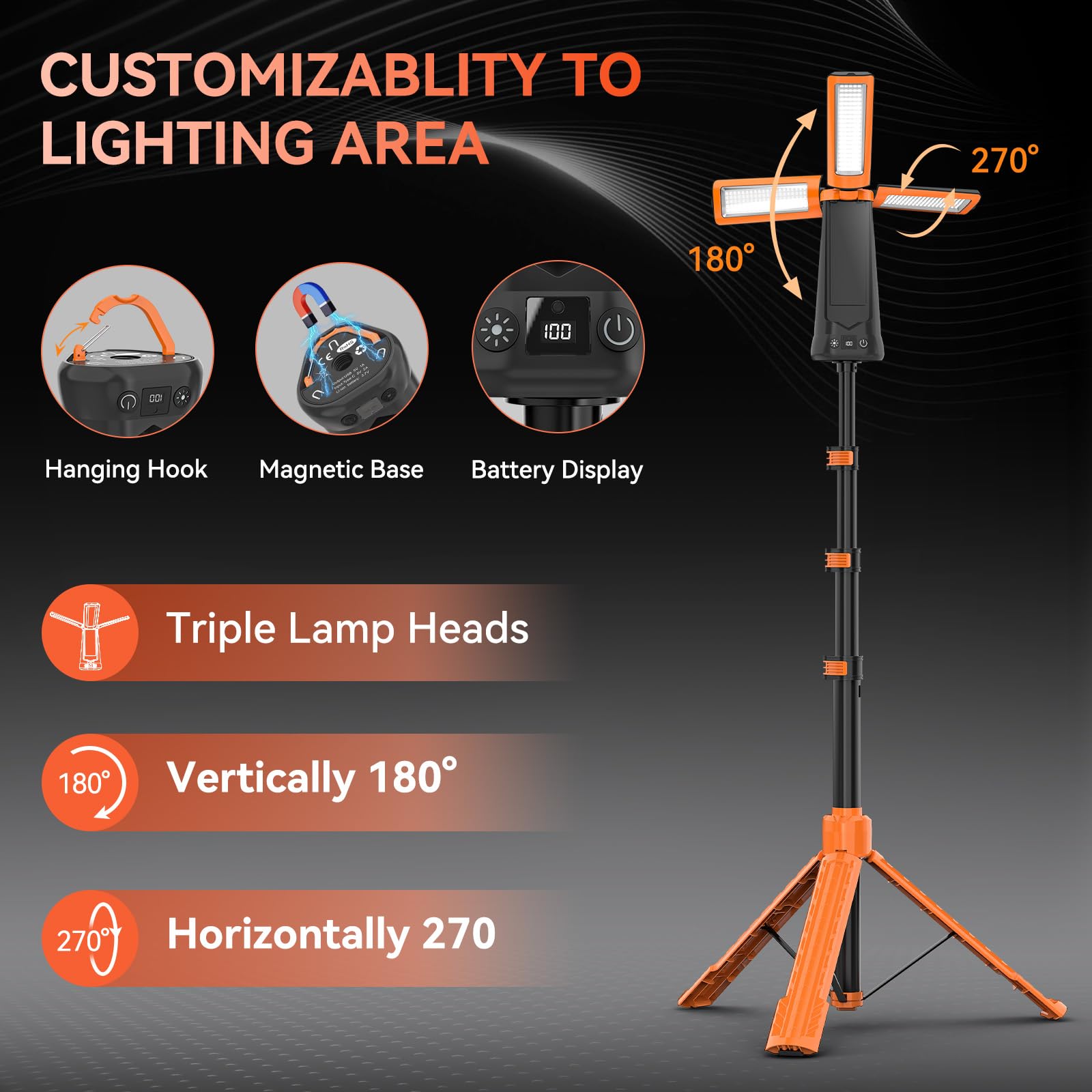 AKOFUN Rechargeable Camping Light with Stand, 15000 mAh Cordless Work Light with 3 LED Lamp Heads, 5500 Lumens Dimmable Camping