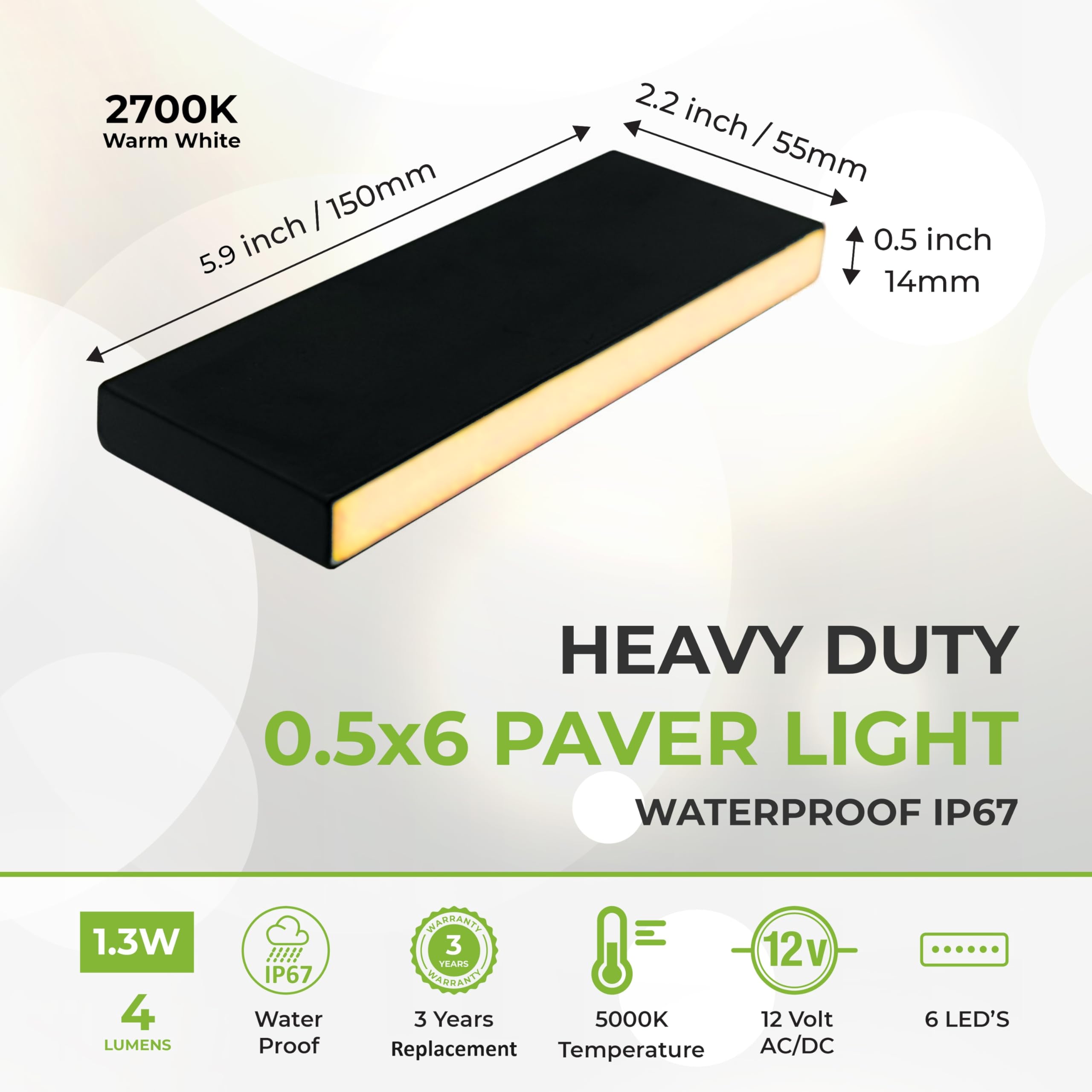 Lumengy Paver Light Slim 0.5X6 Inch Glare-Free Steel Brick Lighting For Pavers, Walls, Driveway & Pathway Borders 2700K Warm Whi
