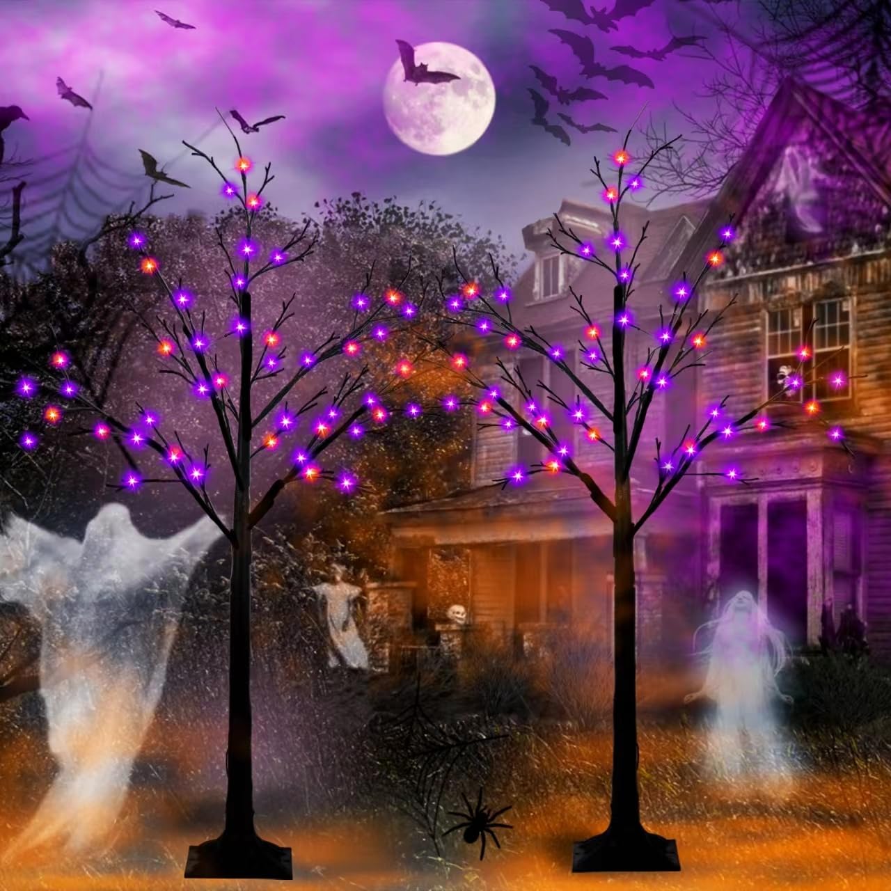 2-Pack 4FT Lighted Black Halloween Tree with 96 LED Orange & Purple Lights (Higher Size & Floor Standing), Halloween Decorations