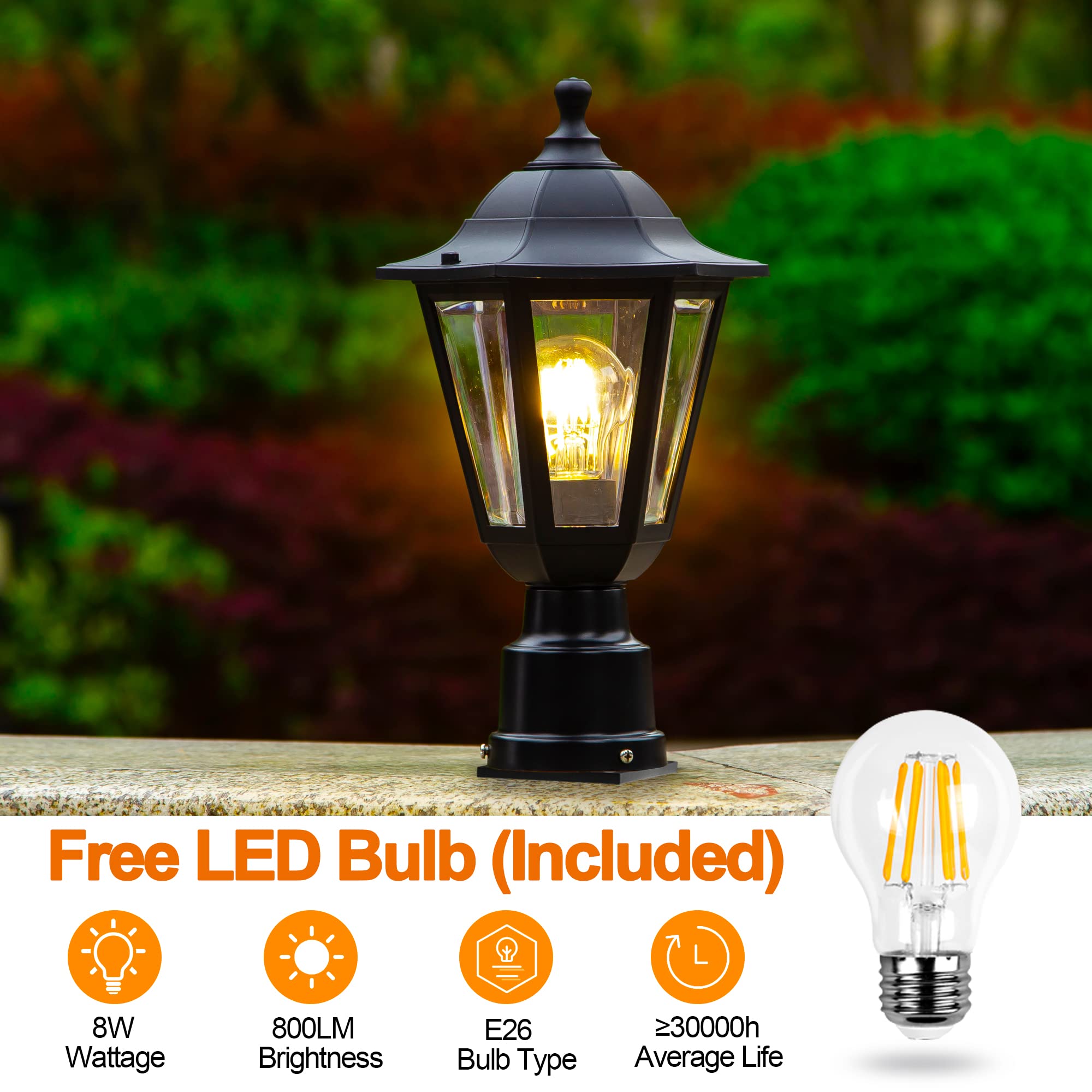 FUDESY Outdoor Post Light Fixture - Waterproof Black Plastic Lantern, E26 Socket, Model FDS6163B1, LED Bulb Included
