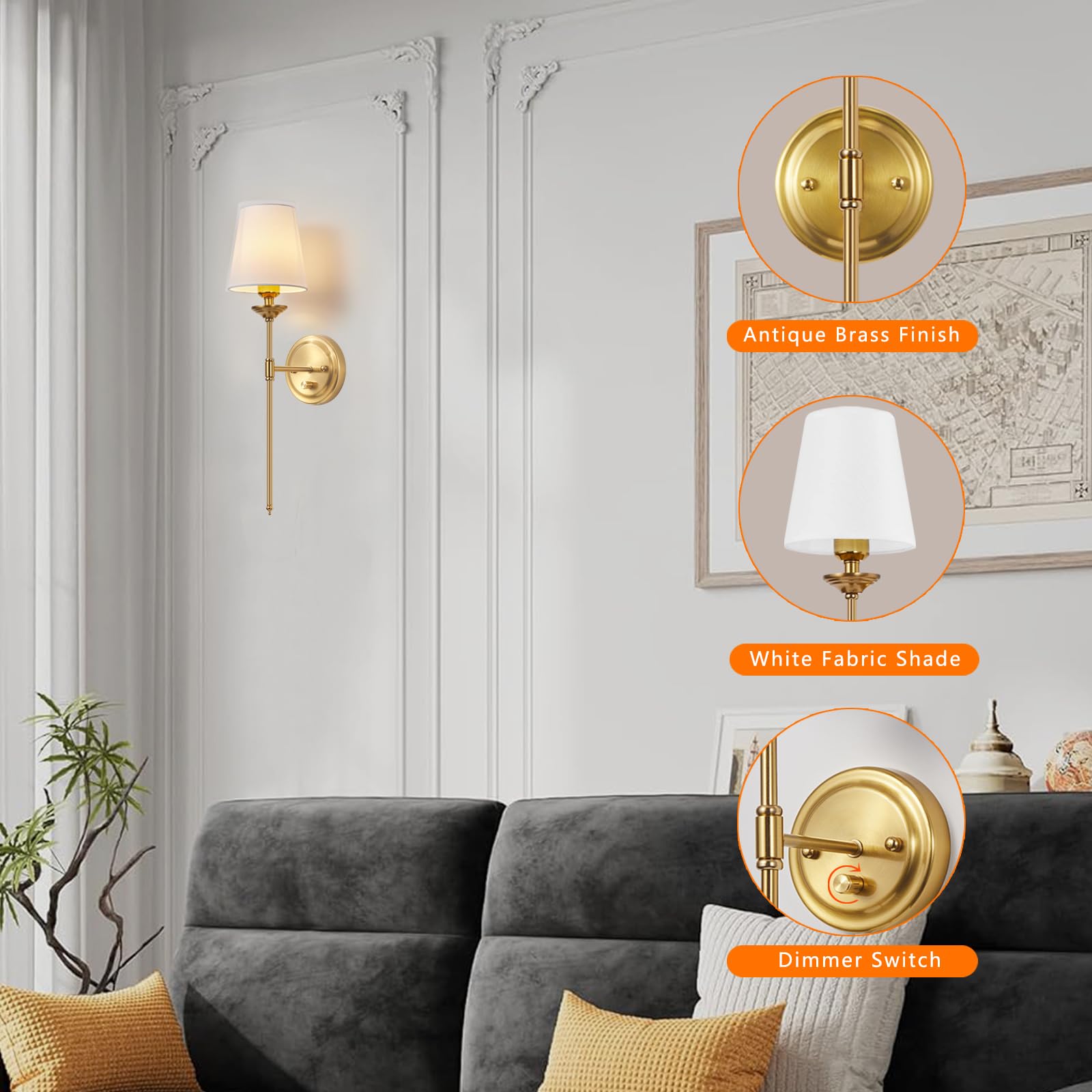 femusytt Dimmable Wall Sconces Set of Two, 6.5FT Cord, Brushed Brass, Mid Century Modern, Plug in/Hardwire, Gold, Model FE-MUS