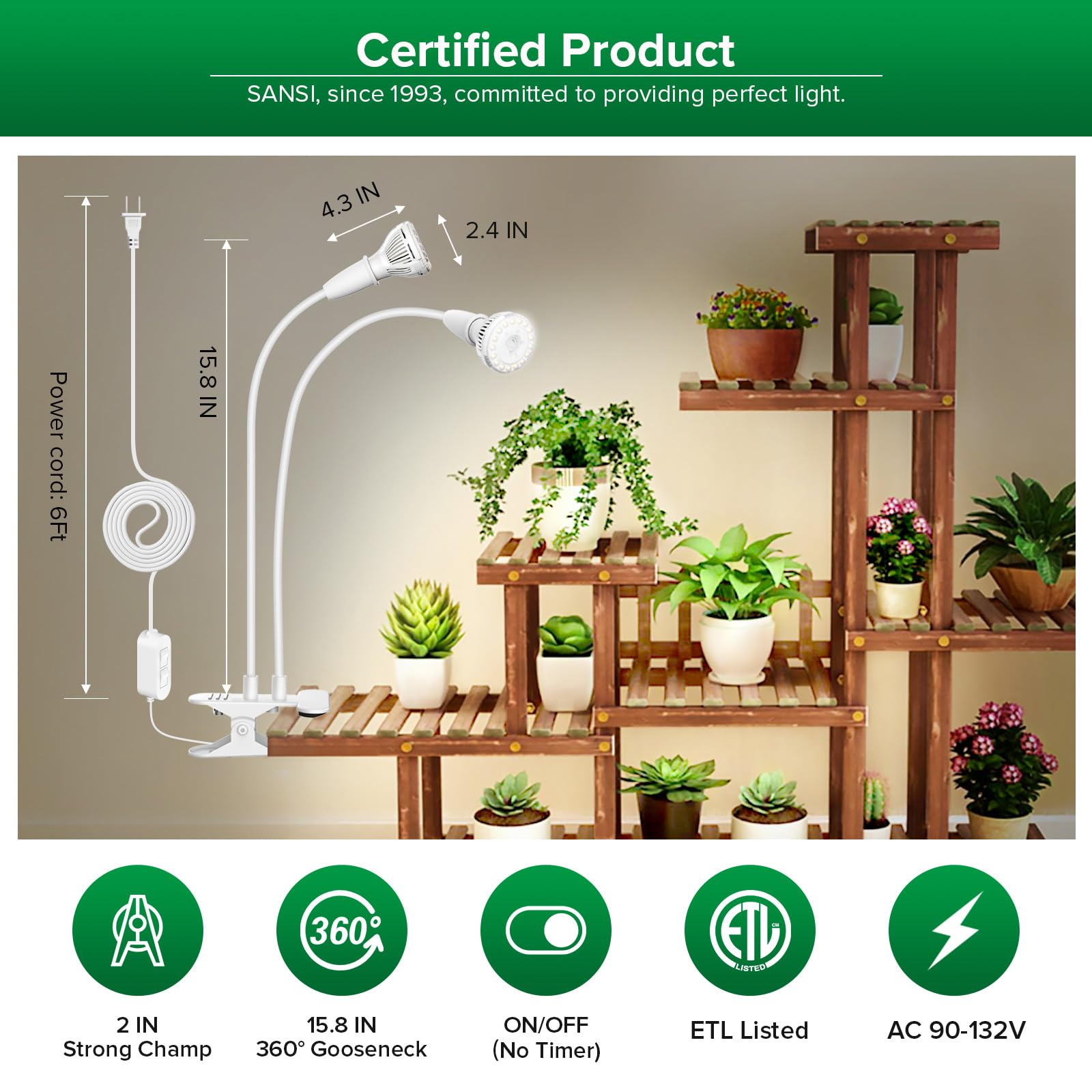 SANSI LED Grow Light, 300W Full Spectrum, Clip-on Gooseneck, Ceramic, 1 Count, White, Model 01-03-001-011022