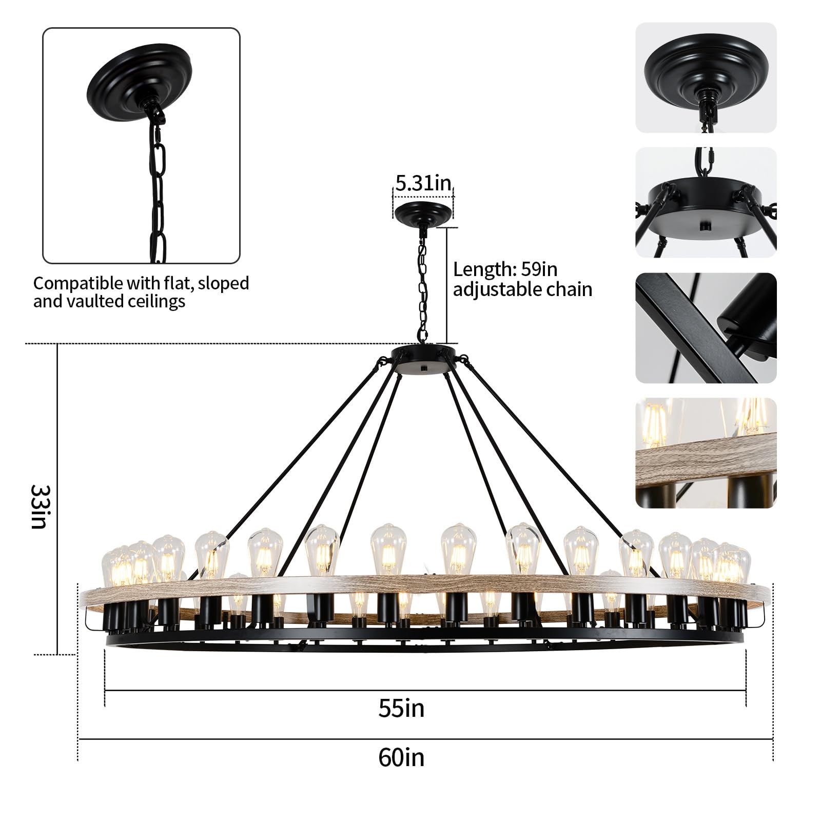 WOGON WEEL Wagon Wheel Chandelier 60-Inch 36-Light Metal Rustic Black Oak Finish for High Ceilings Living Room Foyer