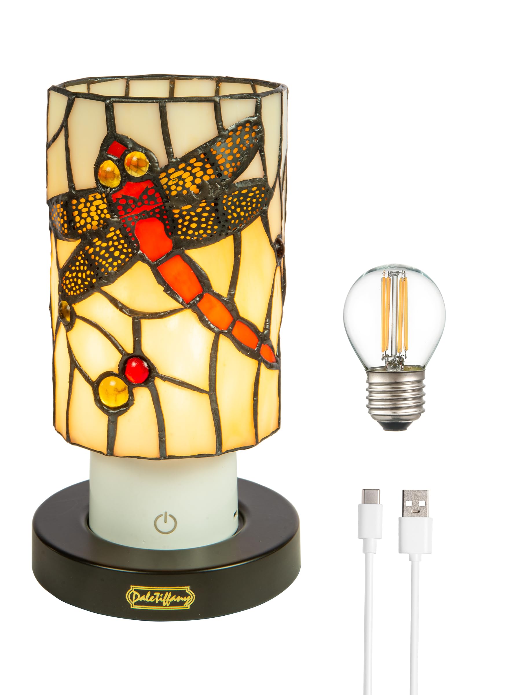 Dale Tiffany TAR24119 Red Damselfly Uplight Tiffany Accent Lamp with Built-in Rechargeable Battery and 3-Level Brightness, Multi