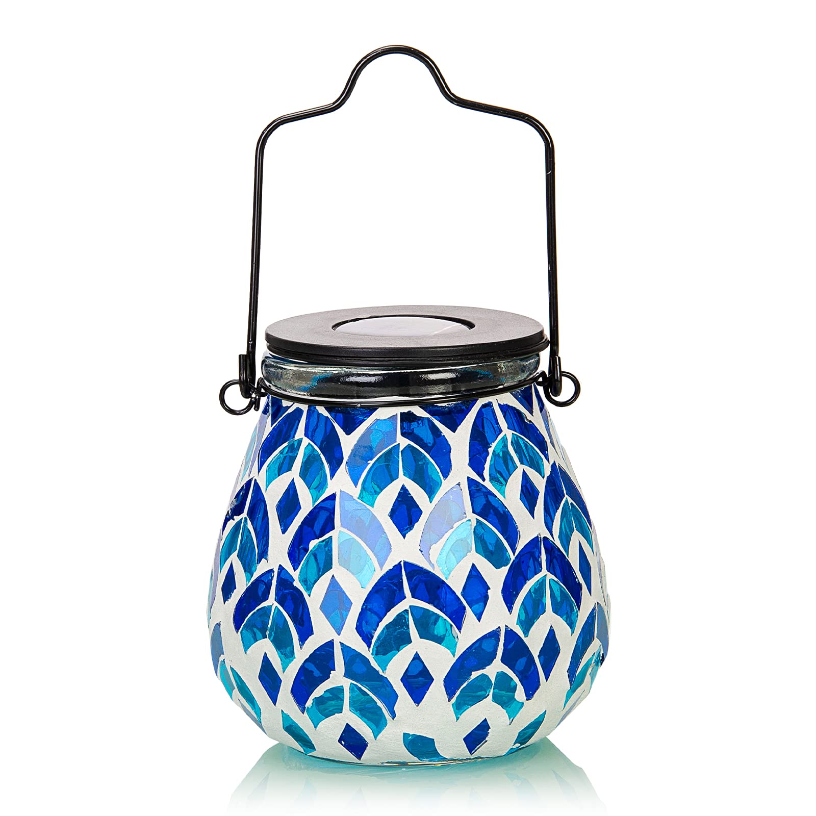Afirst Mosaic Solar Lantern - Glass Hanging Lights, Waterproof, Blue, Model US-4400620-BL, For Garden & Patio Decoration, 1 Pack