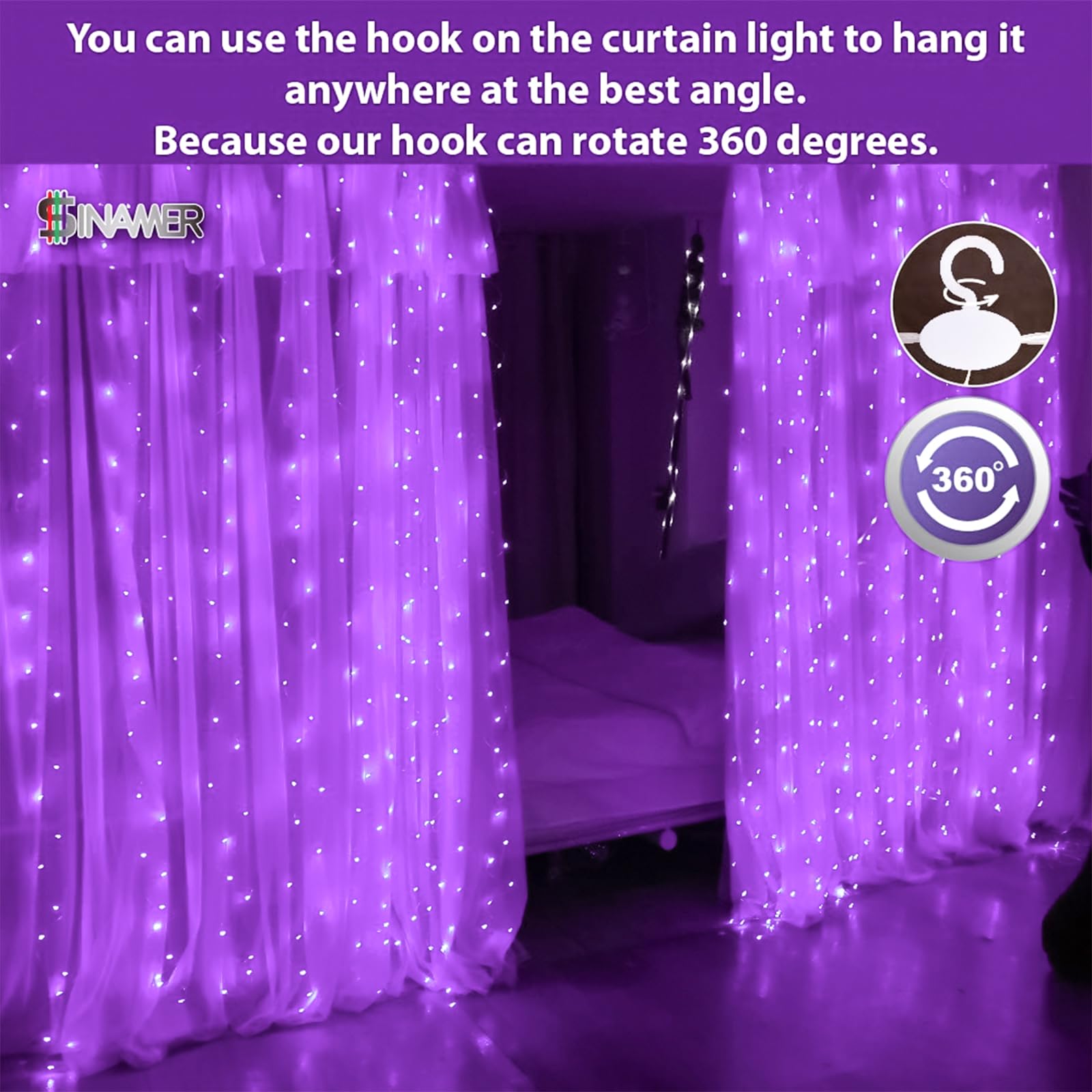 Sinamer Purple Curtain Light For Bedroom, 300 Led 9.8Ft X 9.8Ft Window Fairy Curtain String Light With 16 Hooks, 8 Models Remote Control For Wedding Party Home Garden Indoor Decorations