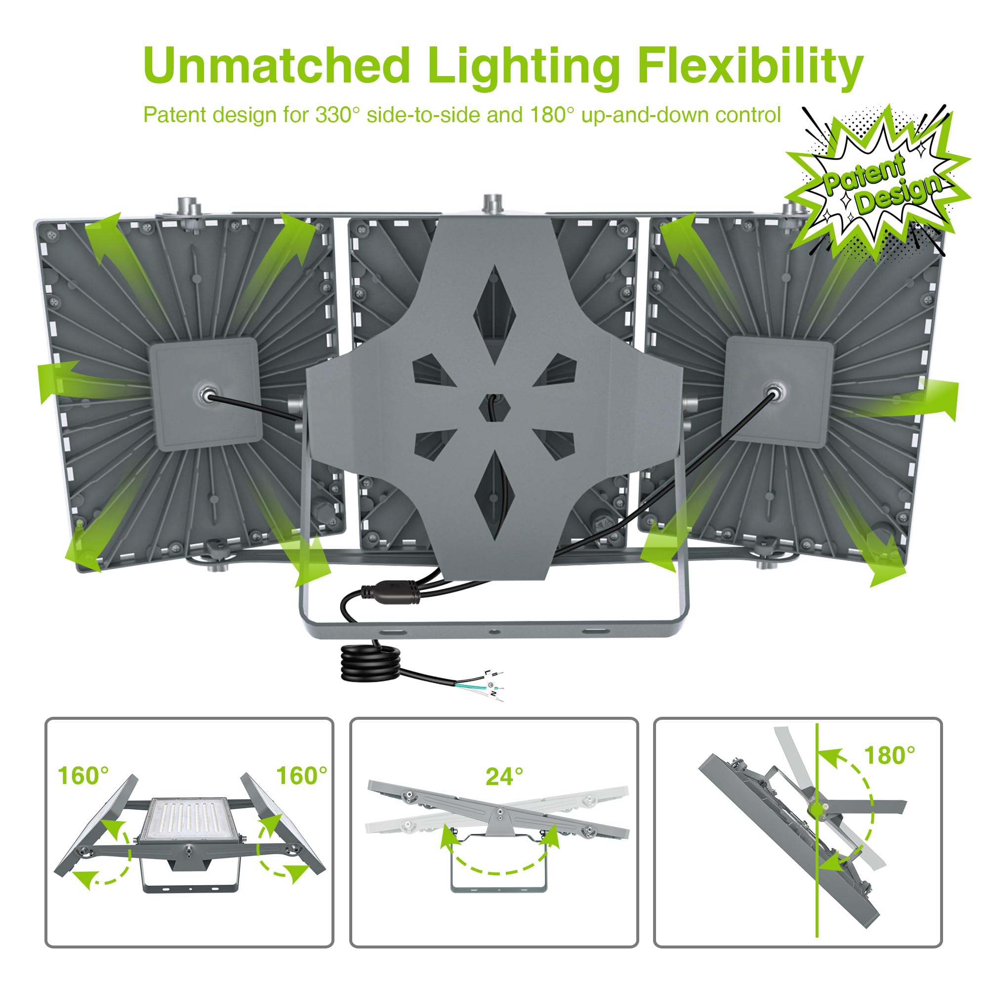 STASUN 600W LED Flood Light, 60000lm, 6000K Daylight, IP66 Waterproof, 3 Heads for Outdoor Security, Model FT5GR, 1 Pack