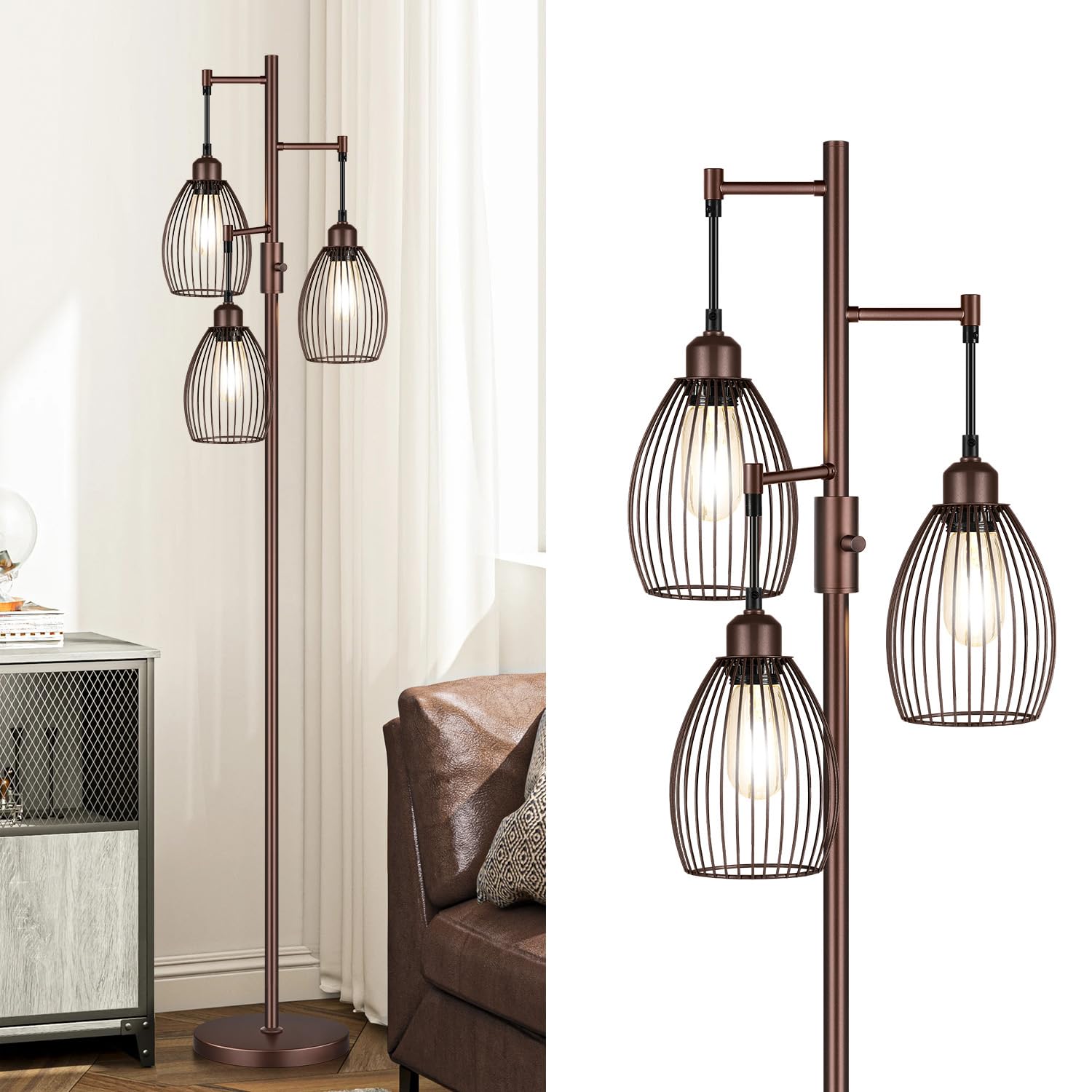 Dimmable Farmhouse Industrial Floor Lamp, Matte Brown Tree Standing Tall Lamps With 3 Elegant Teardrop Cage Head & 800 Lumens Le