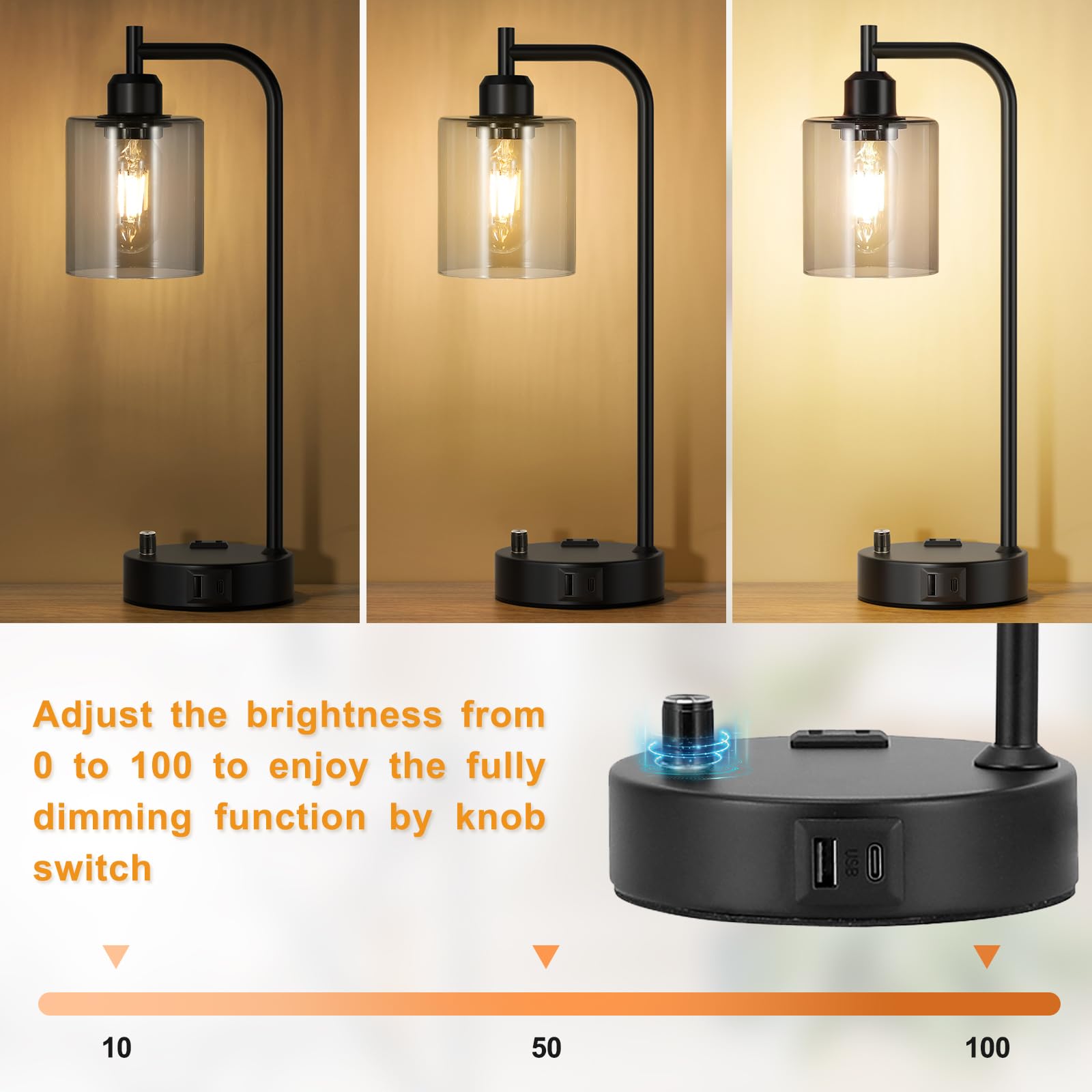 Innqoo Industrial Table Lamps For Bedrooms Set Of 2 - Fully Dimmable Bedside Lamps With Usb Ports And Outlet, Brown Nightstand L