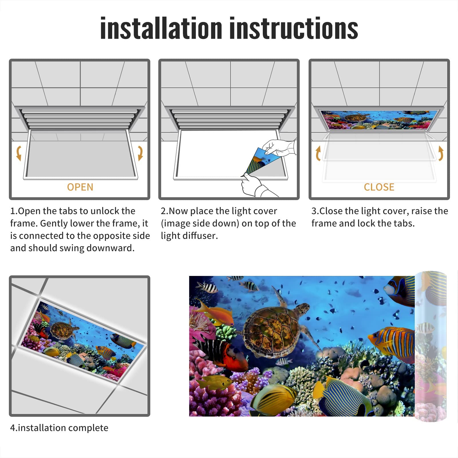 MSINMKOK Underwater World Light Cover - 2x4ft Fluorescent Filter, Colorful Fishes Design, Reduces Glare, Model: ywg09144756p0269