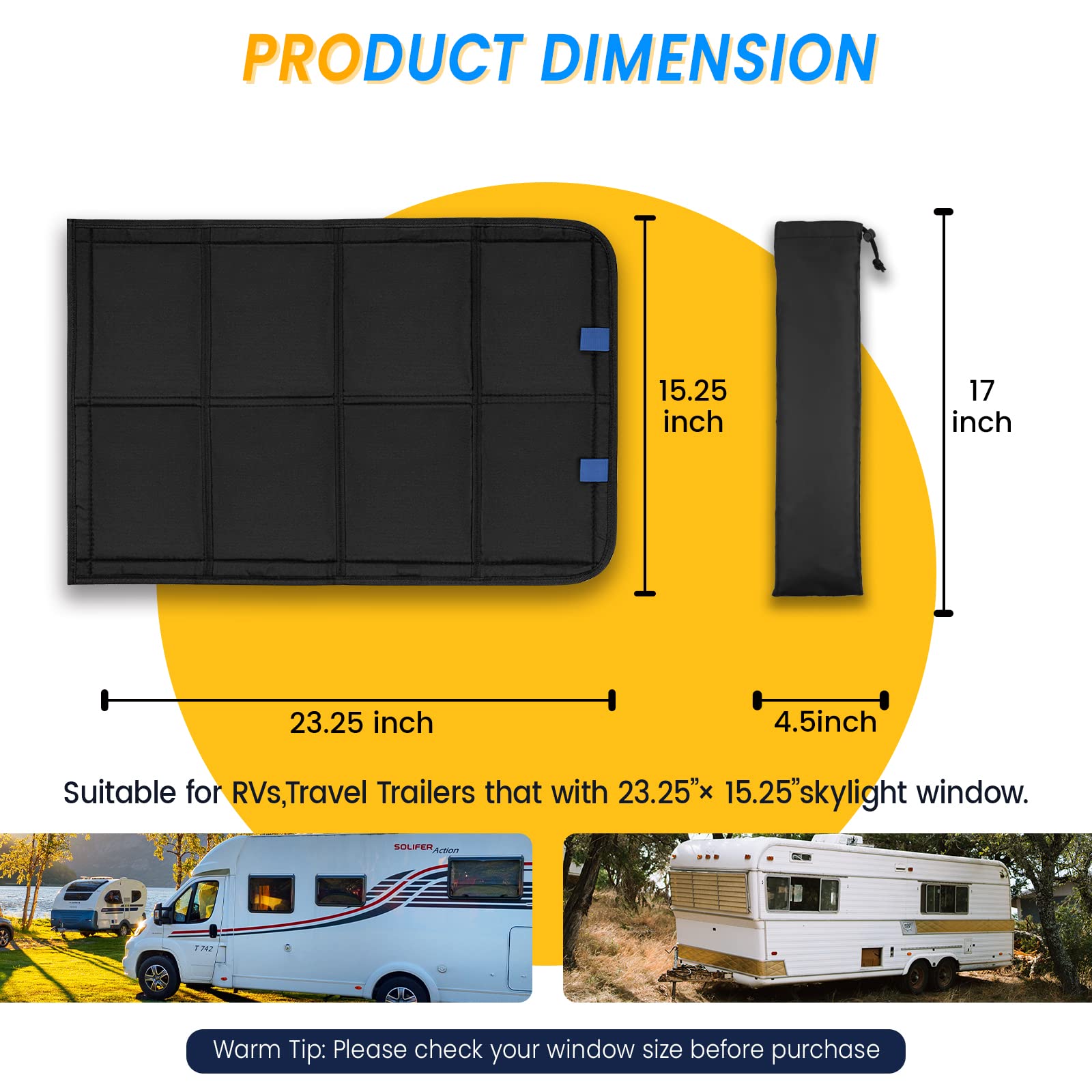 funomo RV Skylight Window Shade, 23.25"x15.25", Black, Foldable Magnet Blackout Cover, Waterproof Oxford Fabric, Model RVSC003