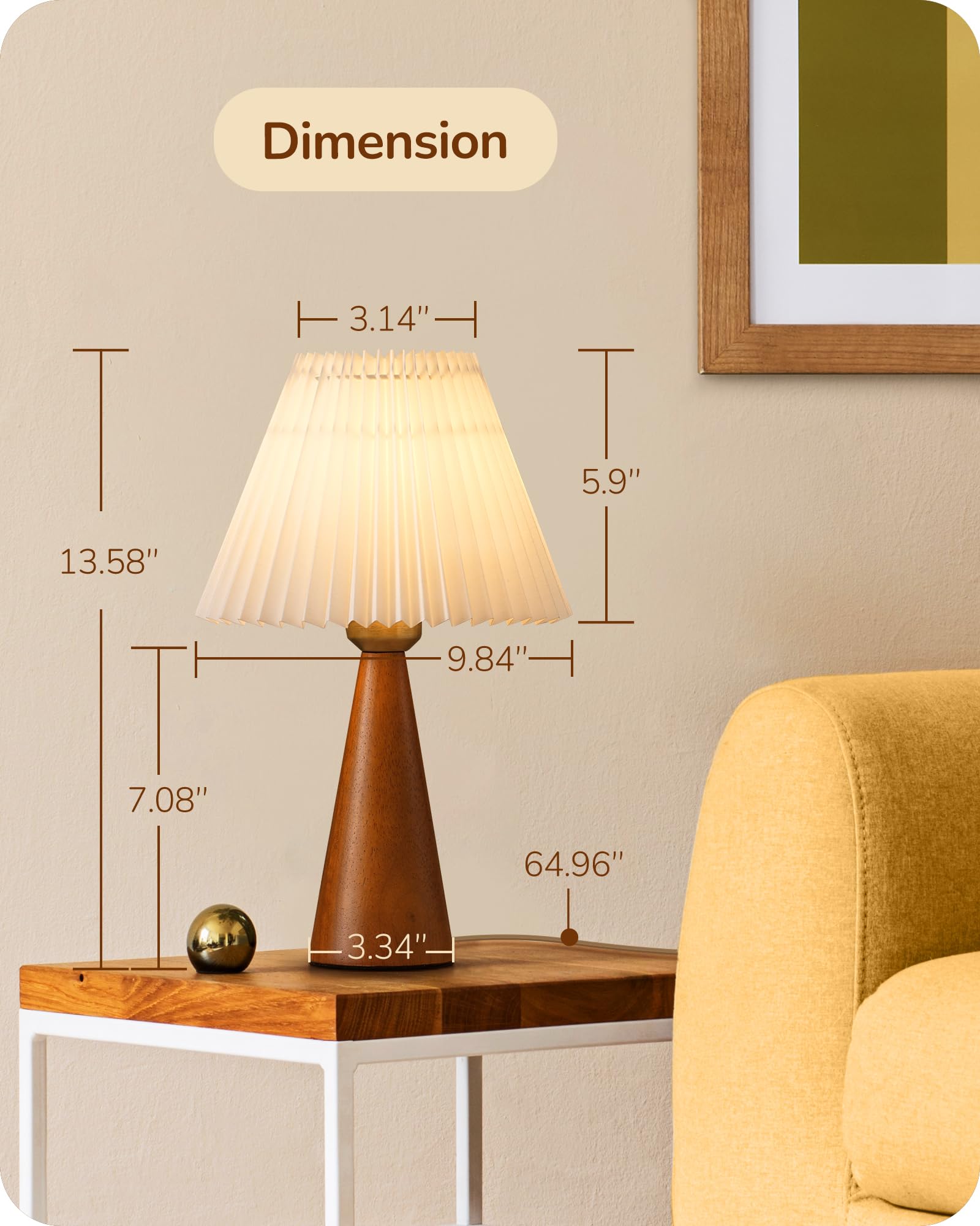 EDISHINE Small Table Lamp, Wooden Base, White Pleated Shade, E26, Dark Rosewood